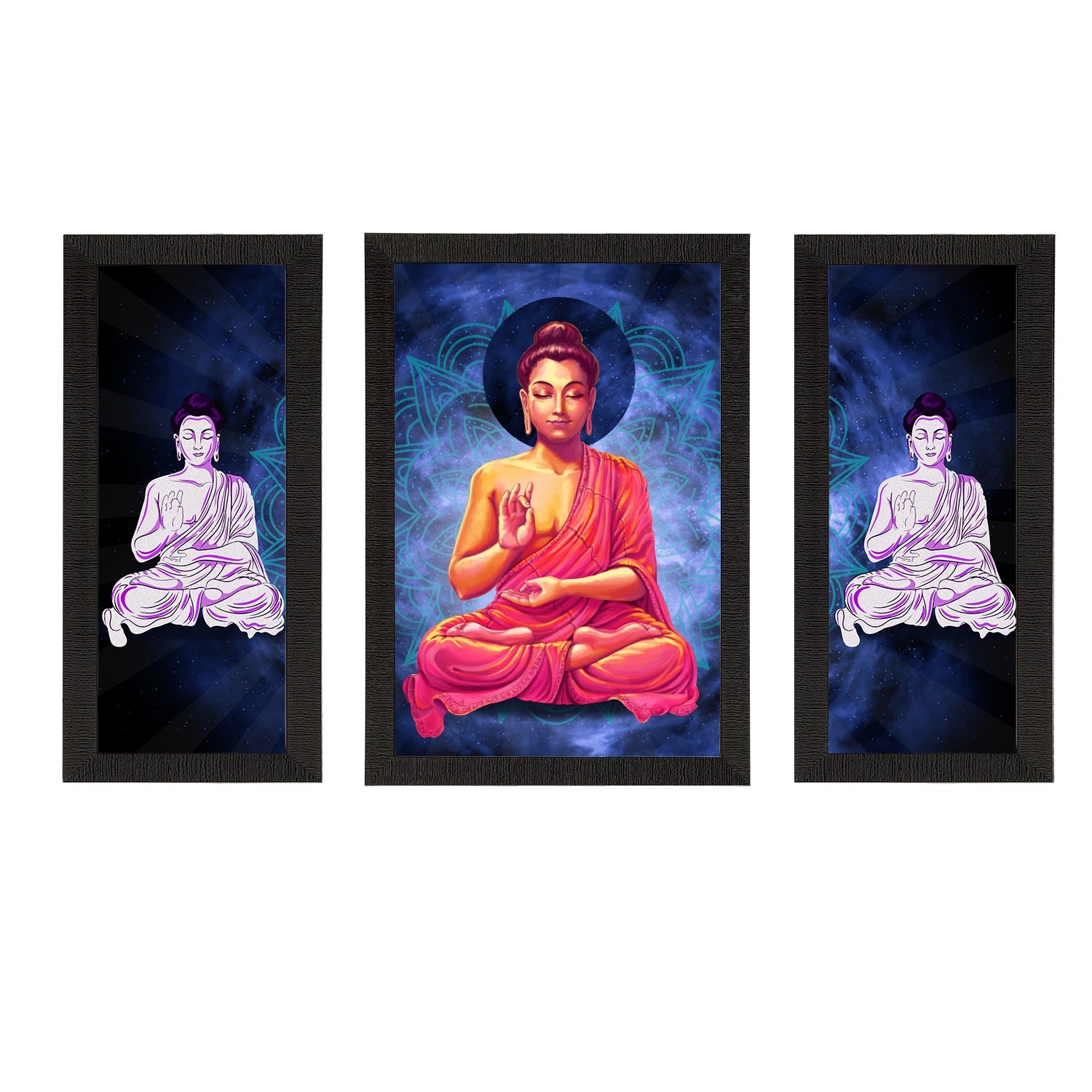 Set of 3 Meditating Lord Buddha Satin Matt Textured UV Art Painting Kafalo