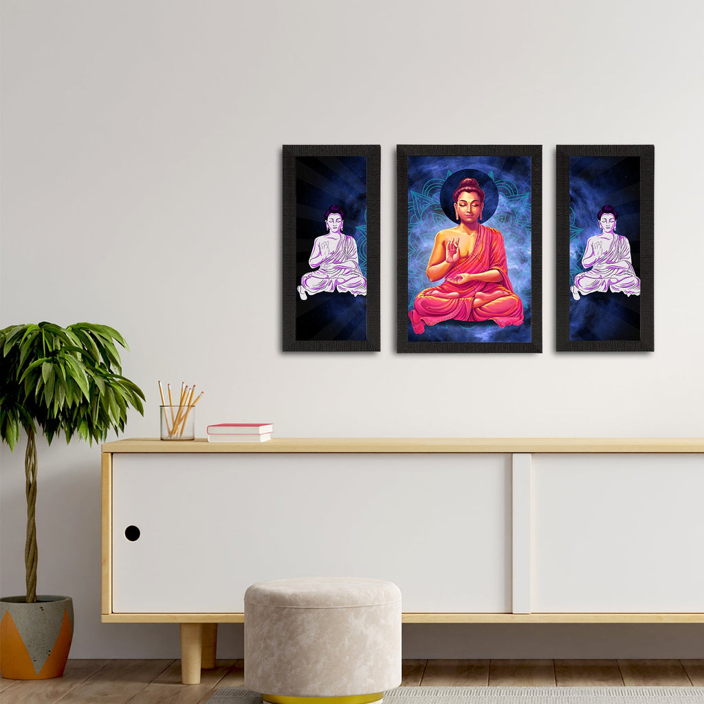 Set of 3 Meditating Lord Buddha Satin Matt Textured UV Art Painting Kafalo