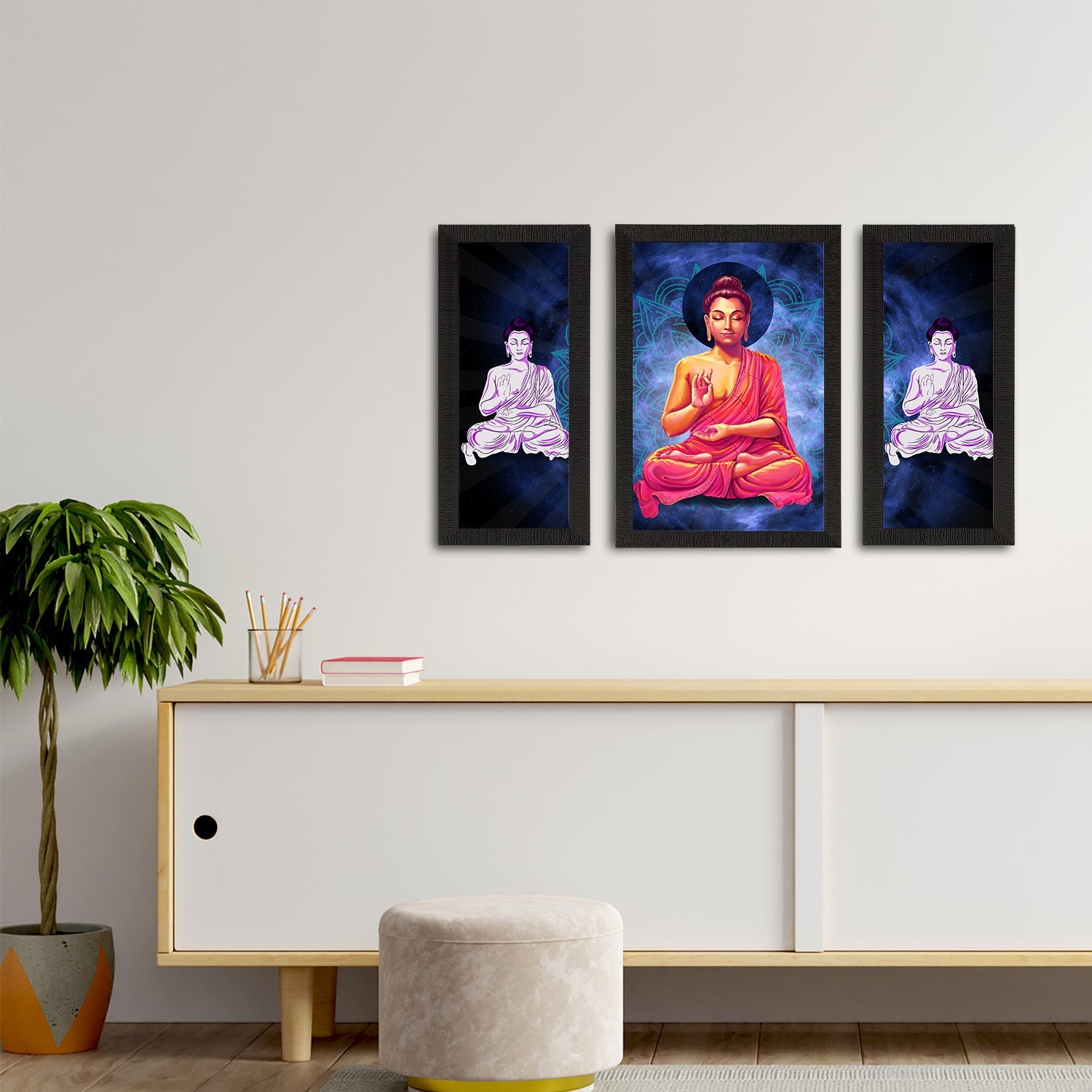Set of 3 Meditating Lord Buddha Satin Matt Textured UV Art Painting Kafalo