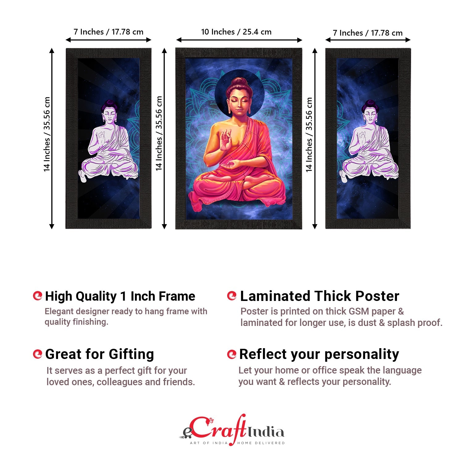 Set of 3 Meditating Lord Buddha Satin Matt Textured UV Art Painting Kafalo