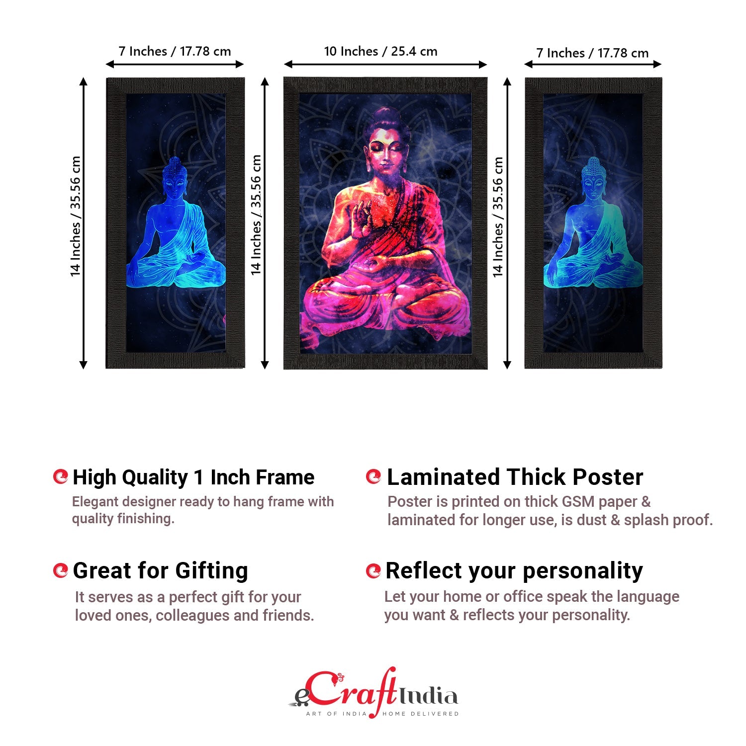 Set of 3 Meditating Lord Buddha Satin Matt Textured UV Art Painting Kafalo