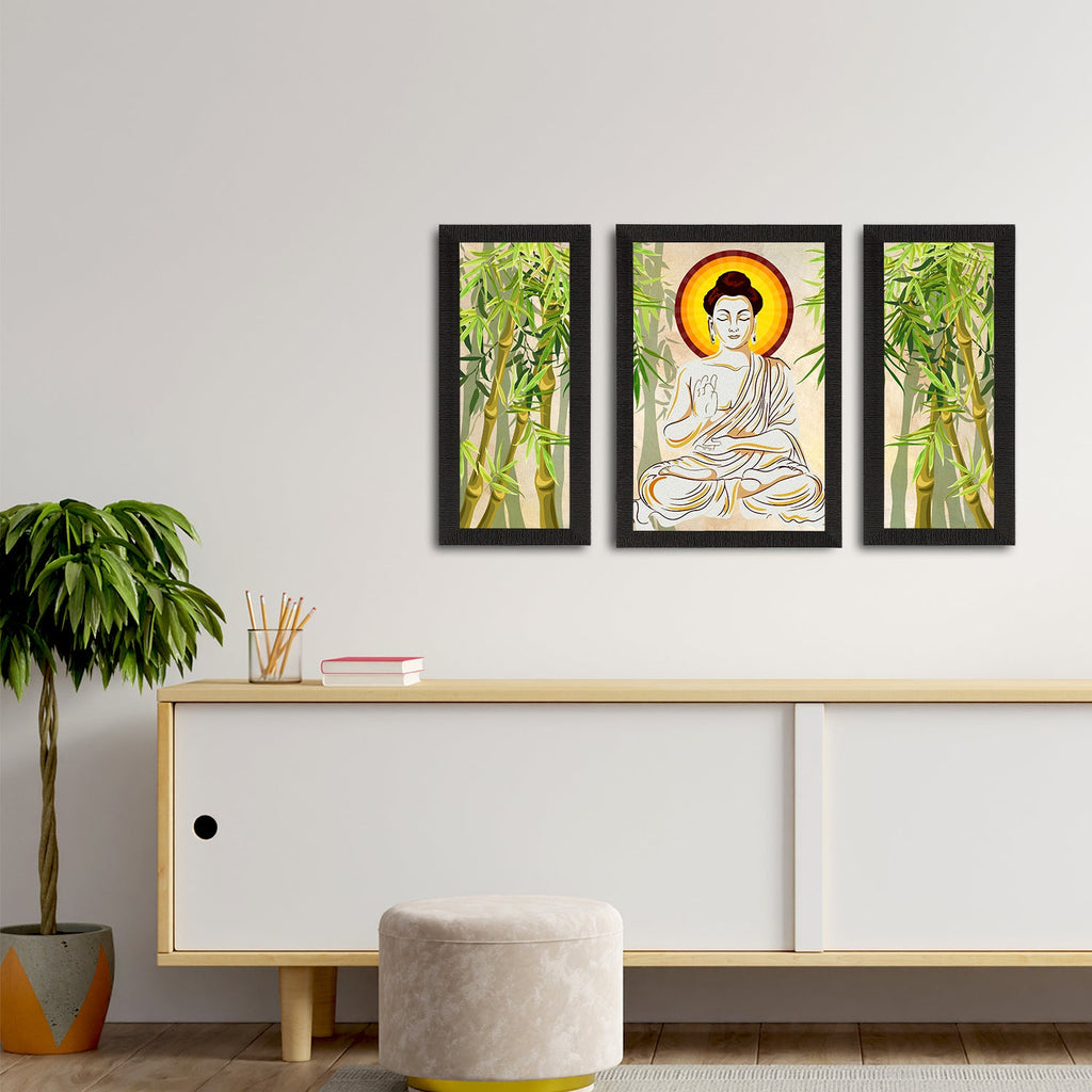 Set of 3 Meditating Lord Buddha Satin Matt Textured UV Art Painting Kafalo