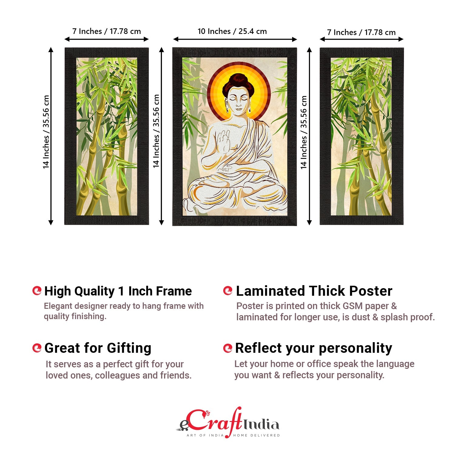 Set of 3 Meditating Lord Buddha Satin Matt Textured UV Art Painting Kafalo