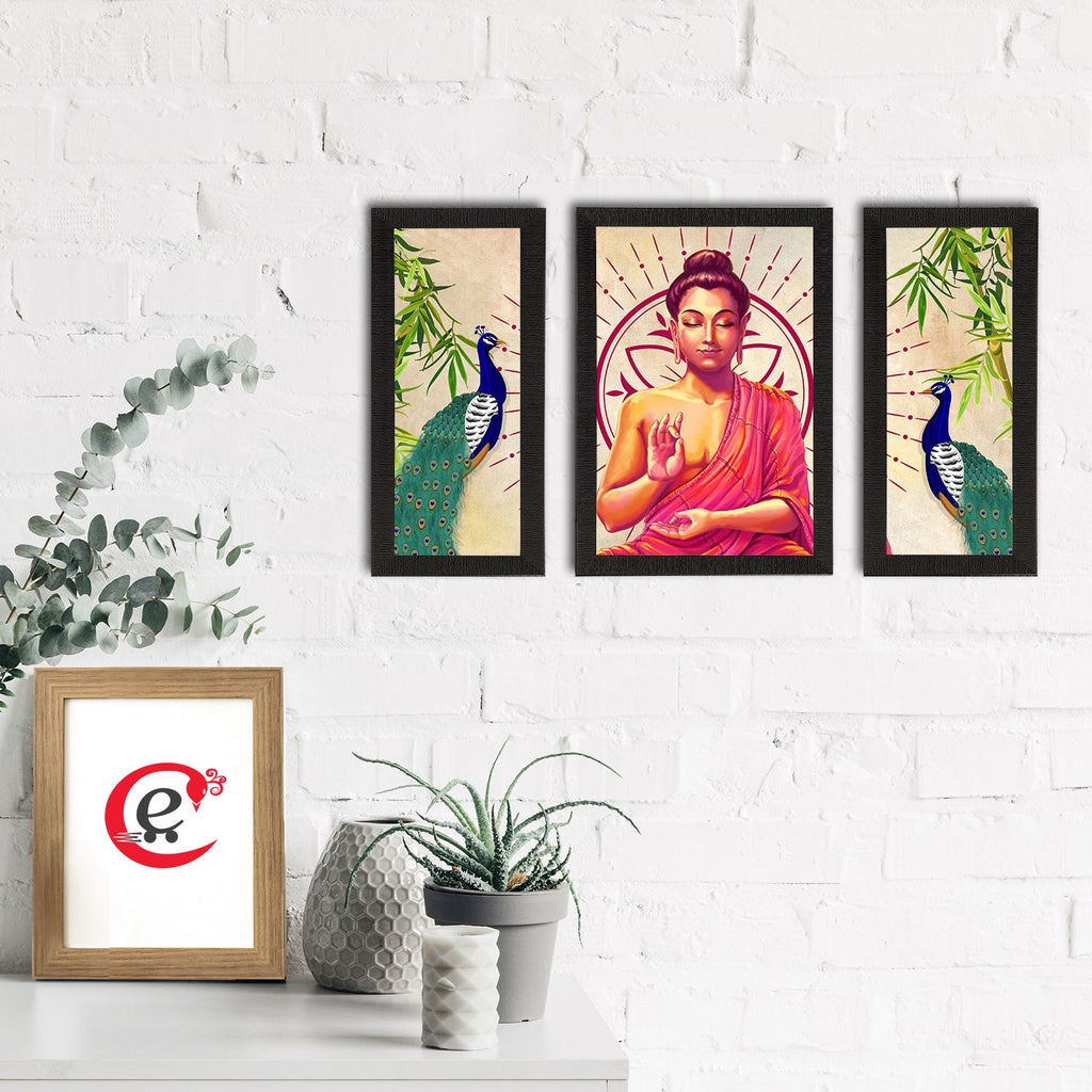 Set of 3 Meditating Lord Buddha Satin Matt Textured UV Art Painting Kafalo
