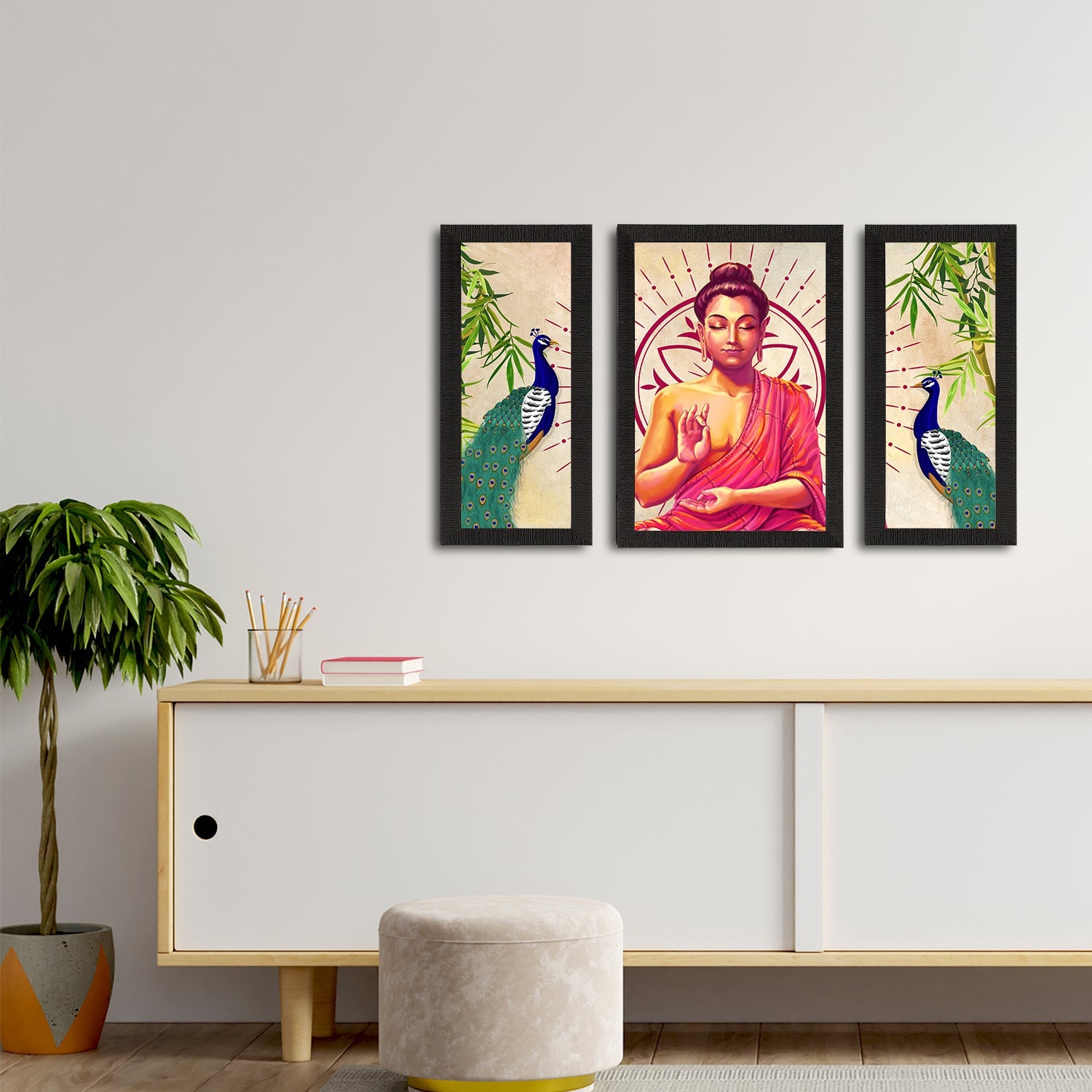 Set of 3 Meditating Lord Buddha Satin Matt Textured UV Art Painting Kafalo