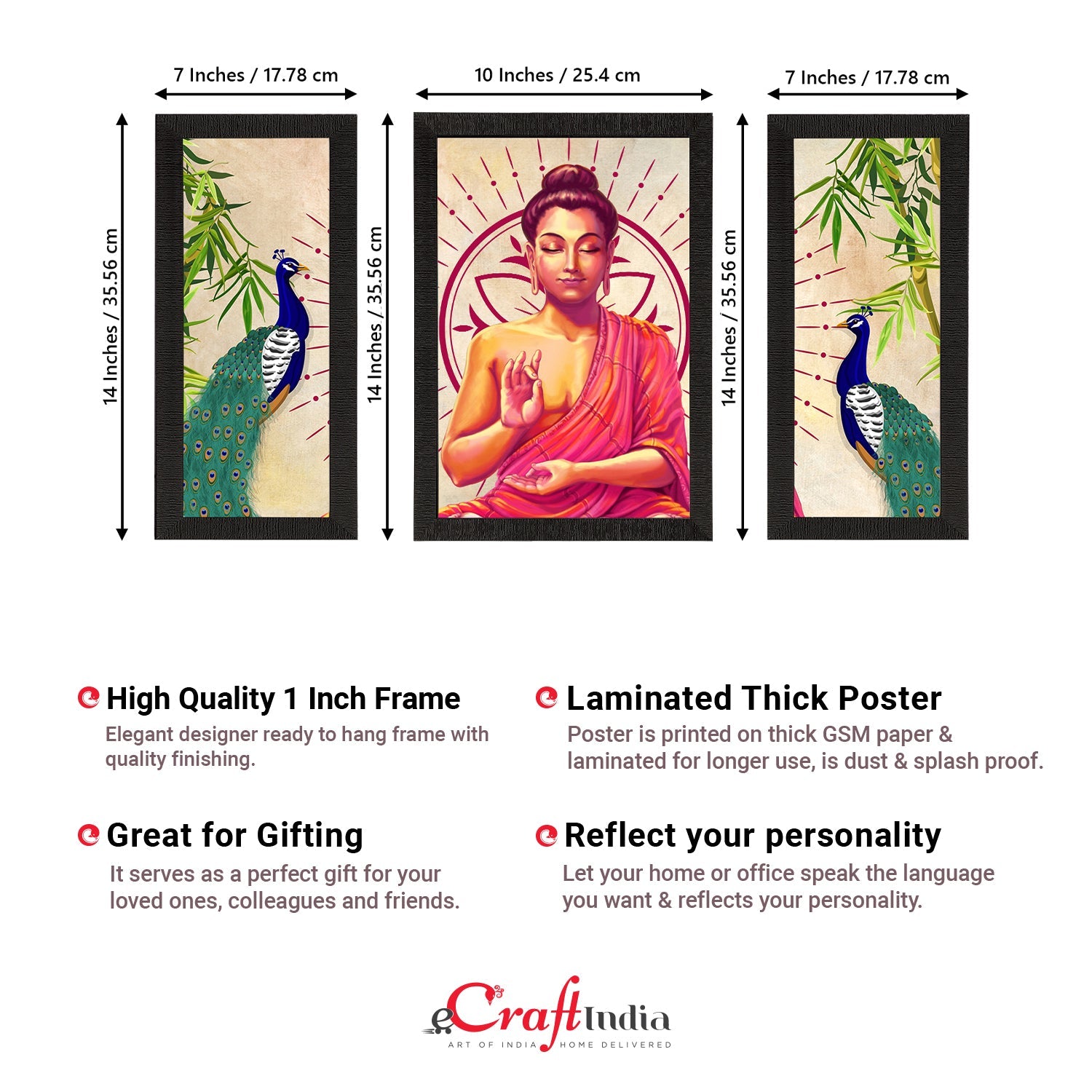 Set of 3 Meditating Lord Buddha Satin Matt Textured UV Art Painting Kafalo