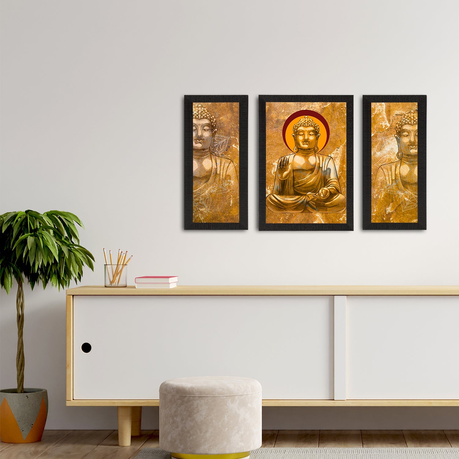 Set of 3 Meditating Lord Buddha Satin Matt Textured UV Art Painting Kafalo