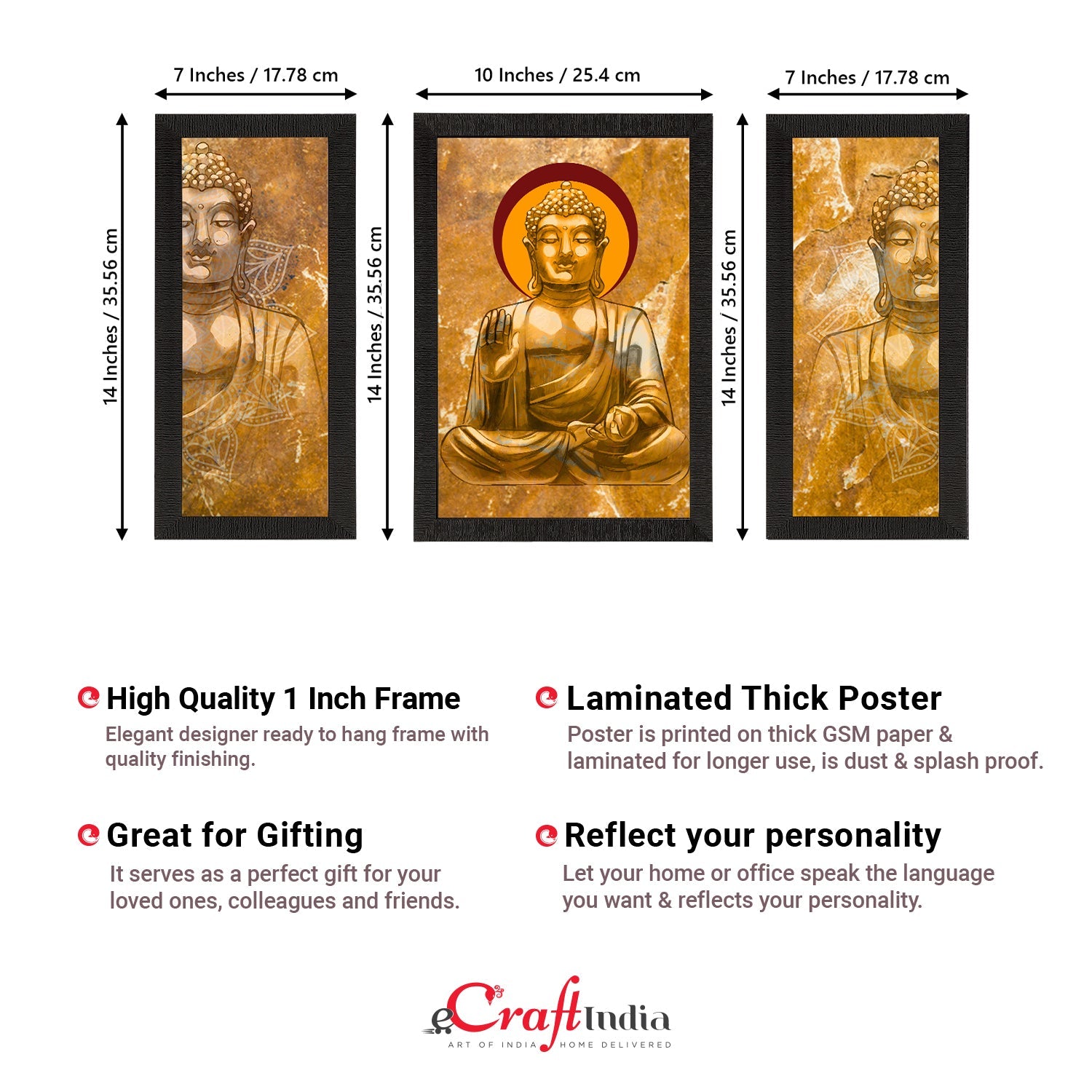 Set of 3 Meditating Lord Buddha Satin Matt Textured UV Art Painting Kafalo