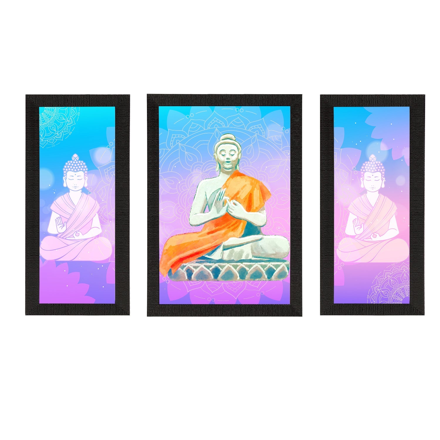 Set of 3 Meditating Lord Buddha Satin Matt Textured UV Art Painting Kafalo