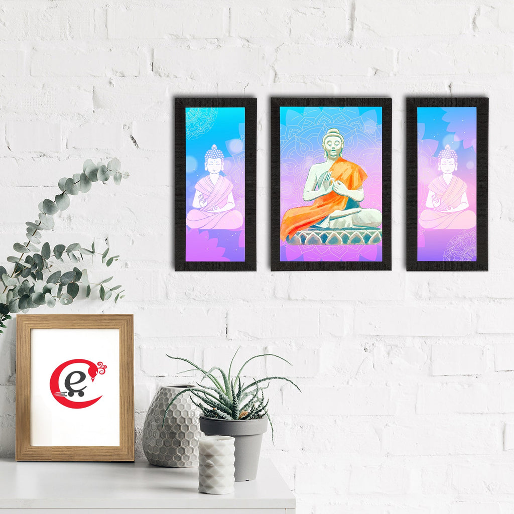 Set of 3 Meditating Lord Buddha Satin Matt Textured UV Art Painting Kafalo