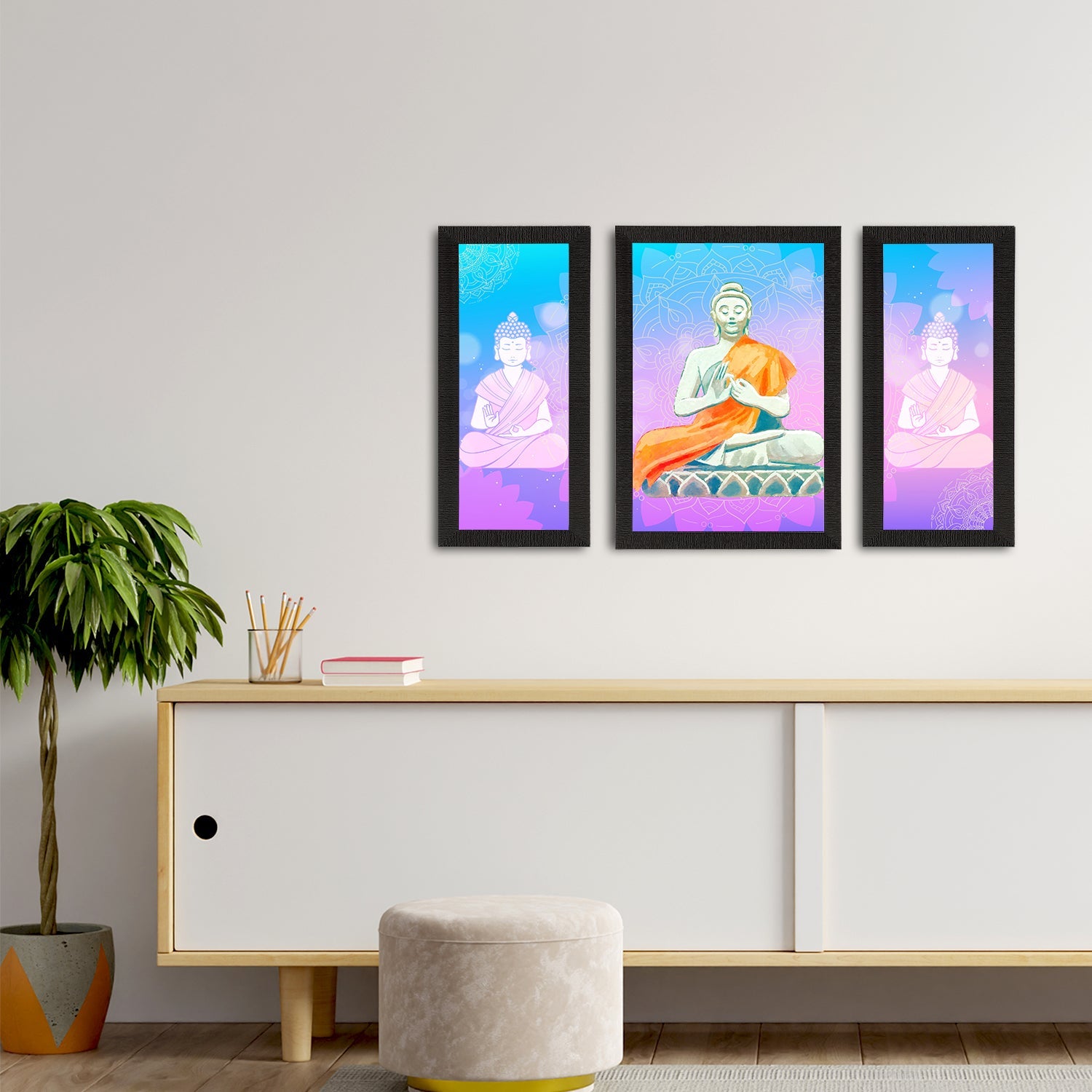 Set of 3 Meditating Lord Buddha Satin Matt Textured UV Art Painting Kafalo