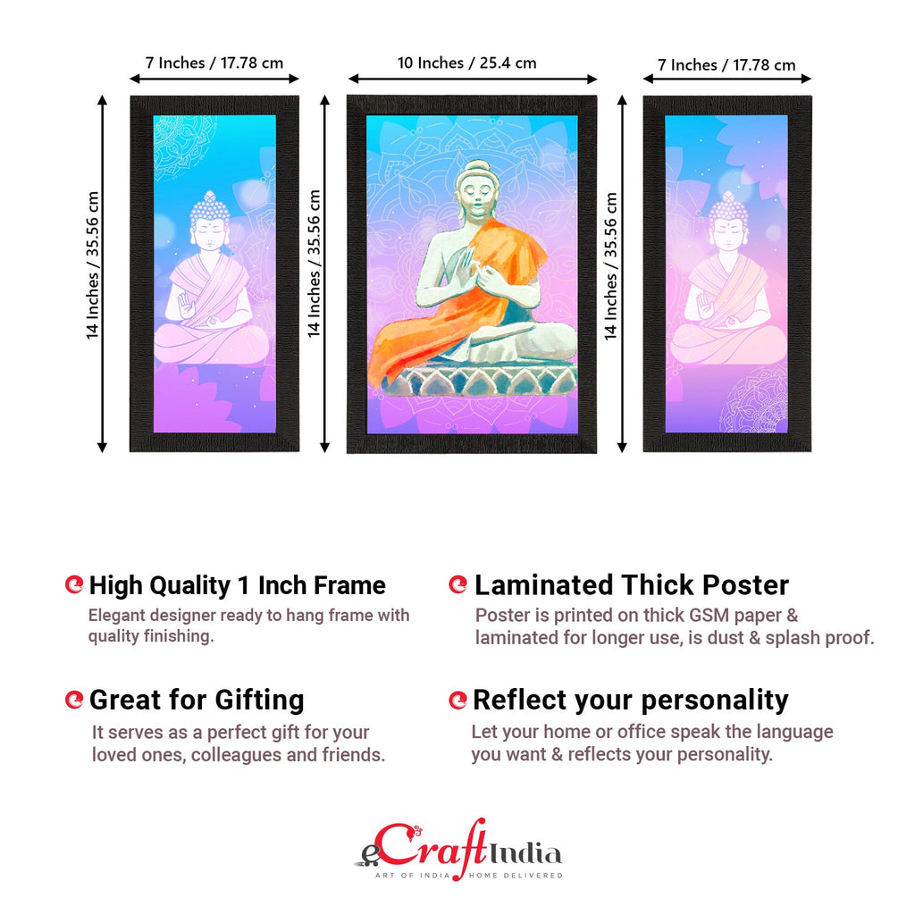 Set of 3 Meditating Lord Buddha Satin Matt Textured UV Art Painting Kafalo