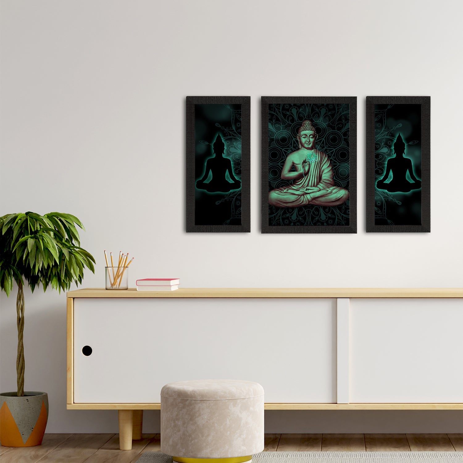 Set of 3 Meditating Lord Buddha Satin Matt Textured UV Art Painting Kafalo