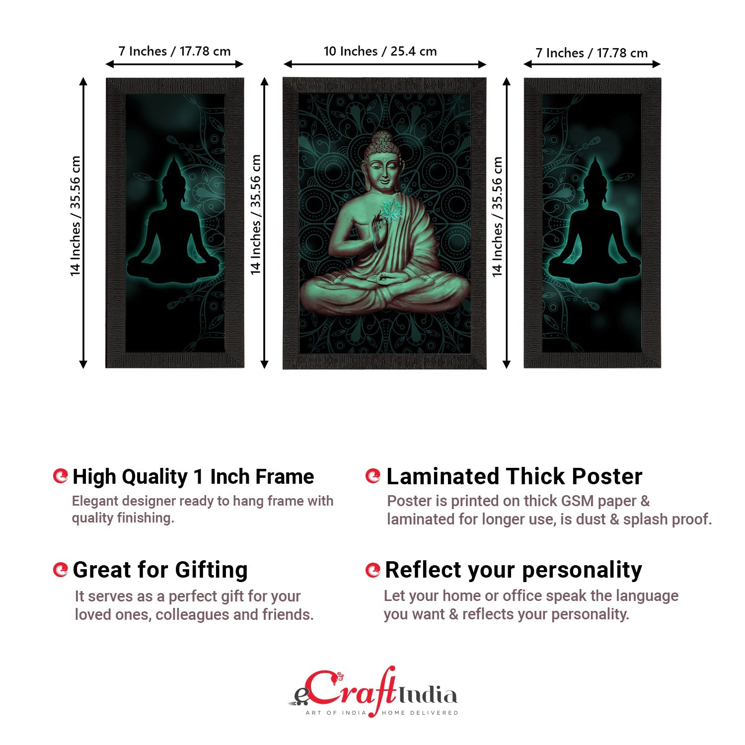 Set of 3 Meditating Lord Buddha Satin Matt Textured UV Art Painting Kafalo