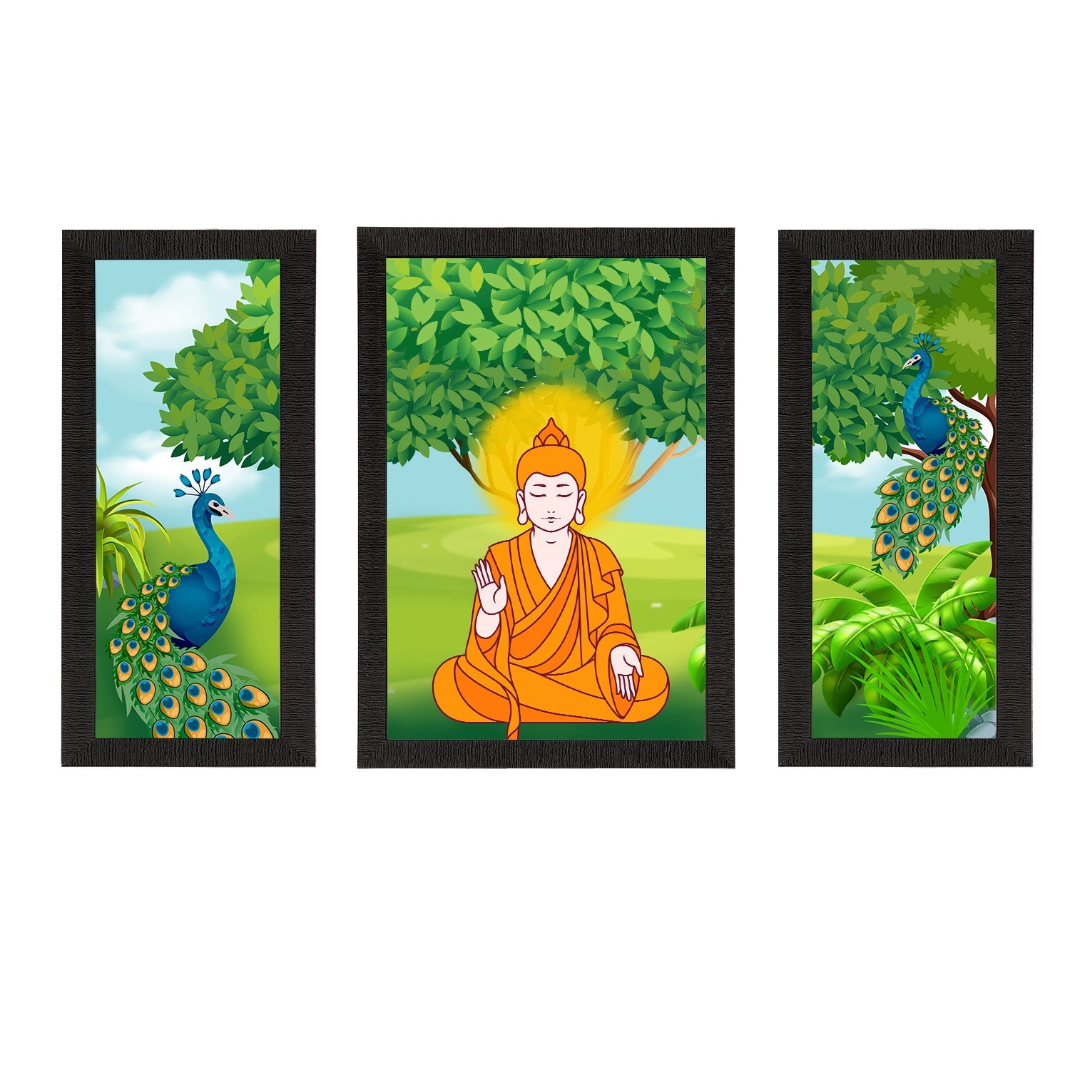 Set of 3 Meditating Lord Buddha Satin Matt Textured UV Art Painting Kafalo