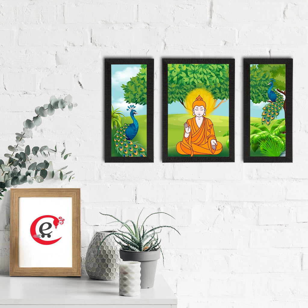 Set of 3 Meditating Lord Buddha Satin Matt Textured UV Art Painting Kafalo