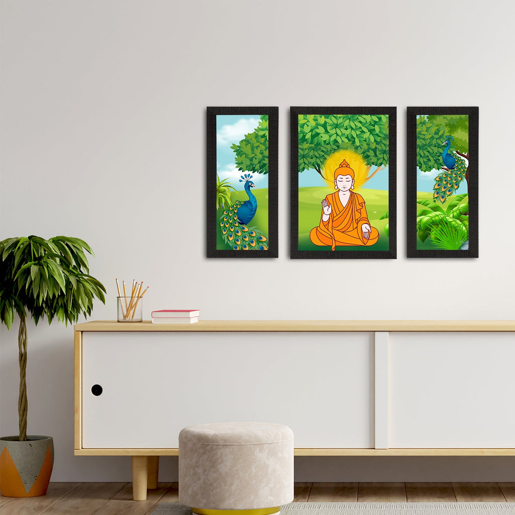 Set of 3 Meditating Lord Buddha Satin Matt Textured UV Art Painting Kafalo