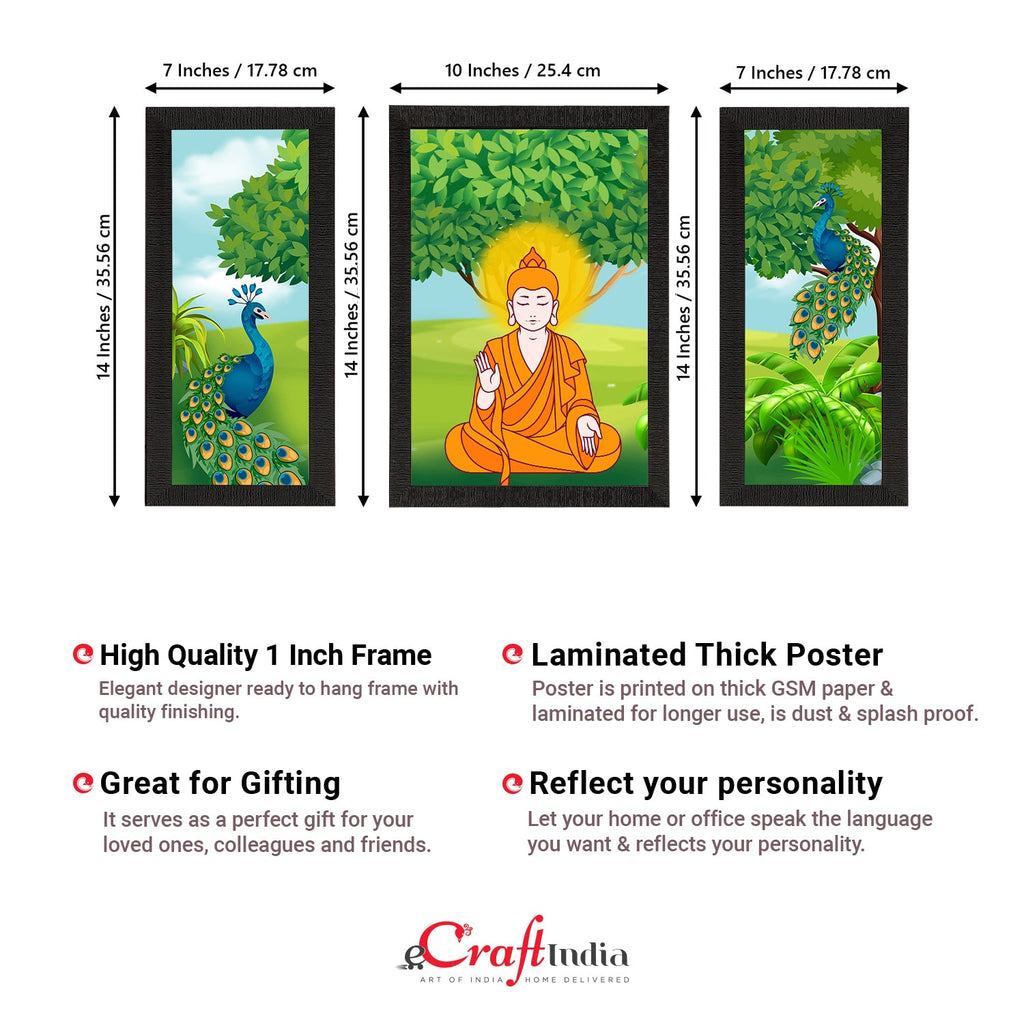 Set of 3 Meditating Lord Buddha Satin Matt Textured UV Art Painting Kafalo