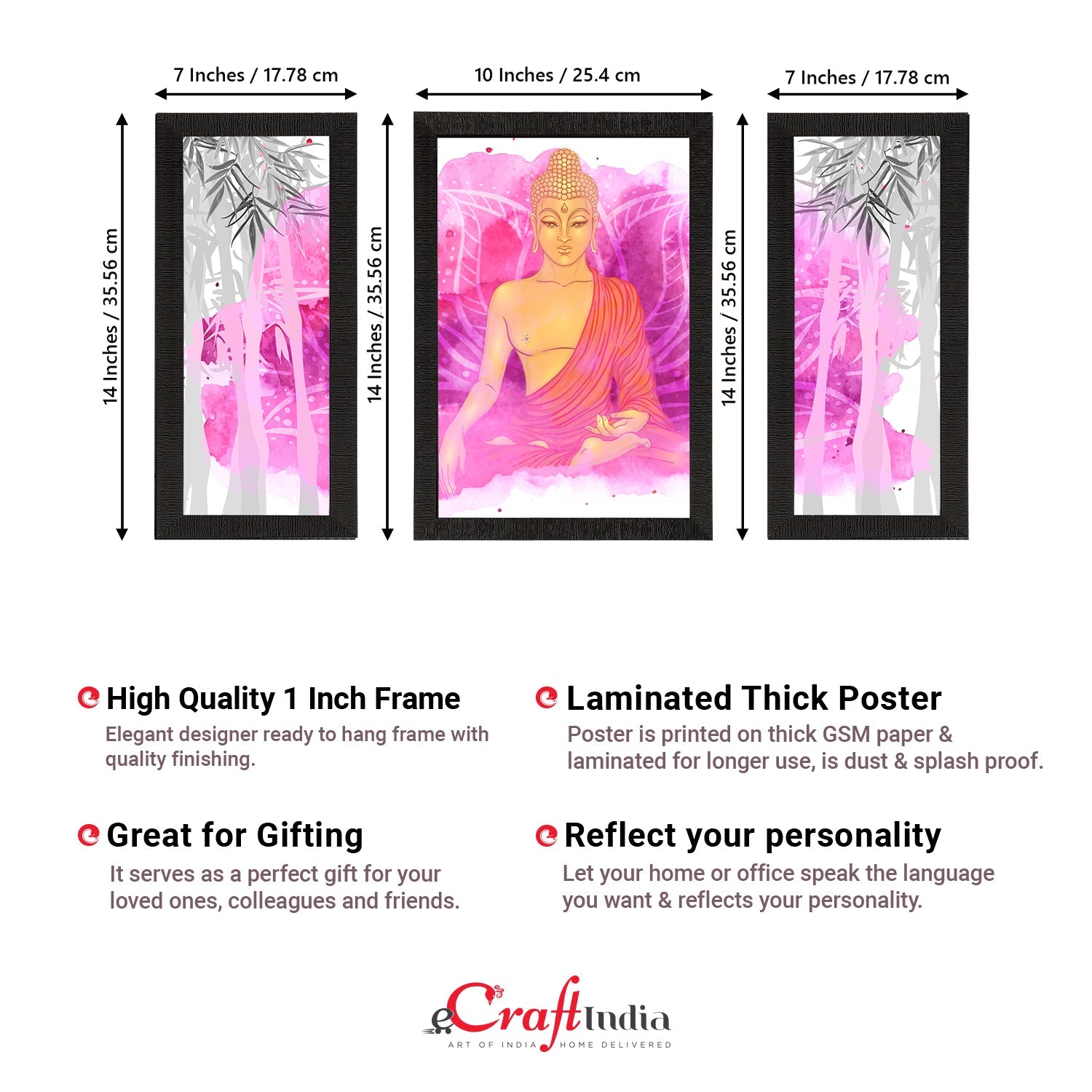 Set of 3 Meditating Lord Buddha Satin Matt Textured UV Art Painting Kafalo