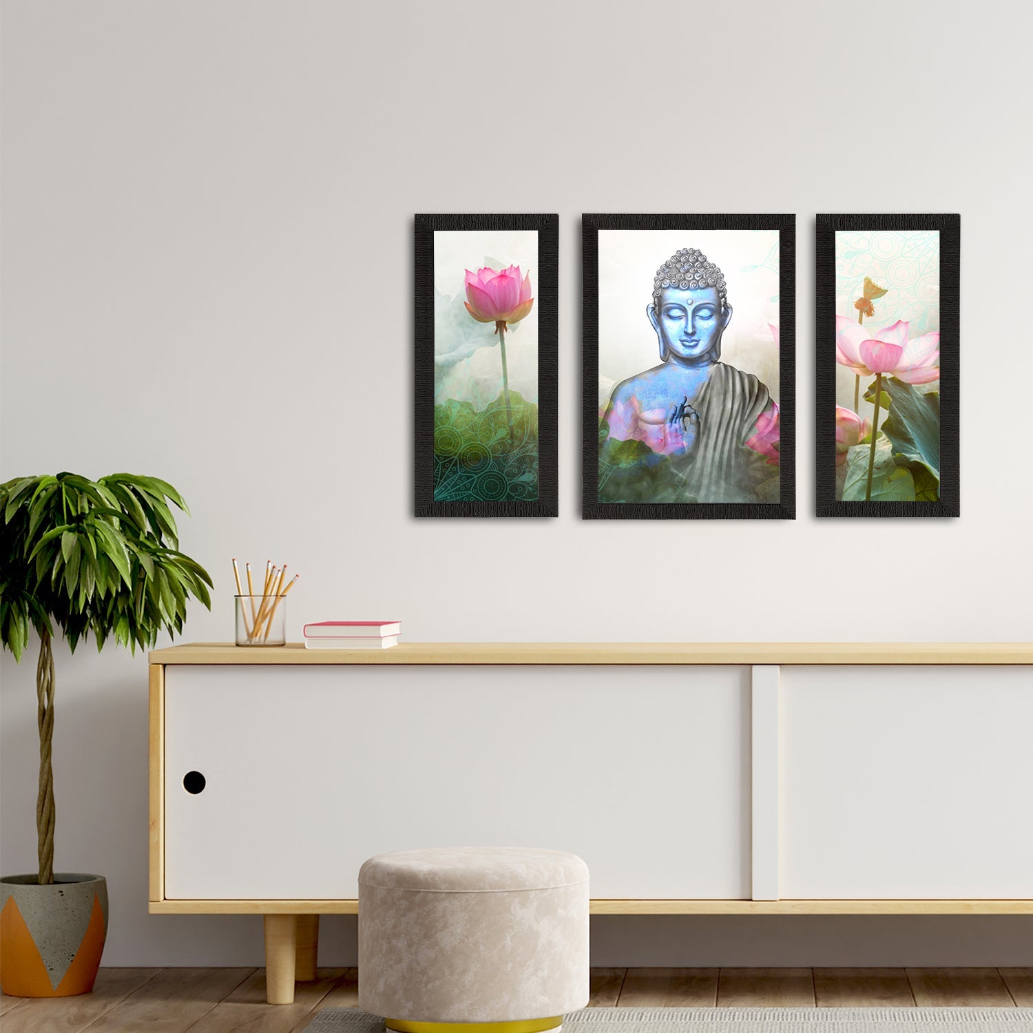 Set of 3 Meditating Lord Buddha Satin Matt Textured UV Art Painting Kafalo