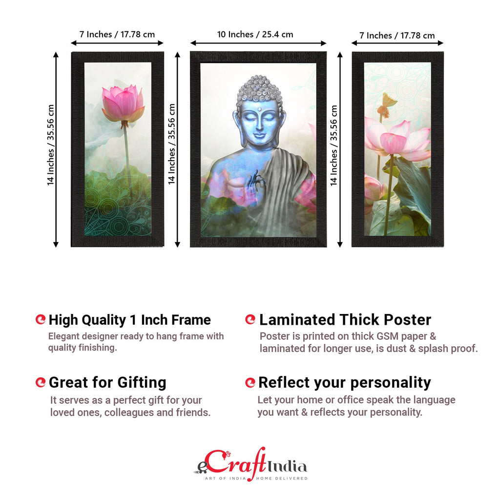 Set of 3 Meditating Lord Buddha Satin Matt Textured UV Art Painting Kafalo
