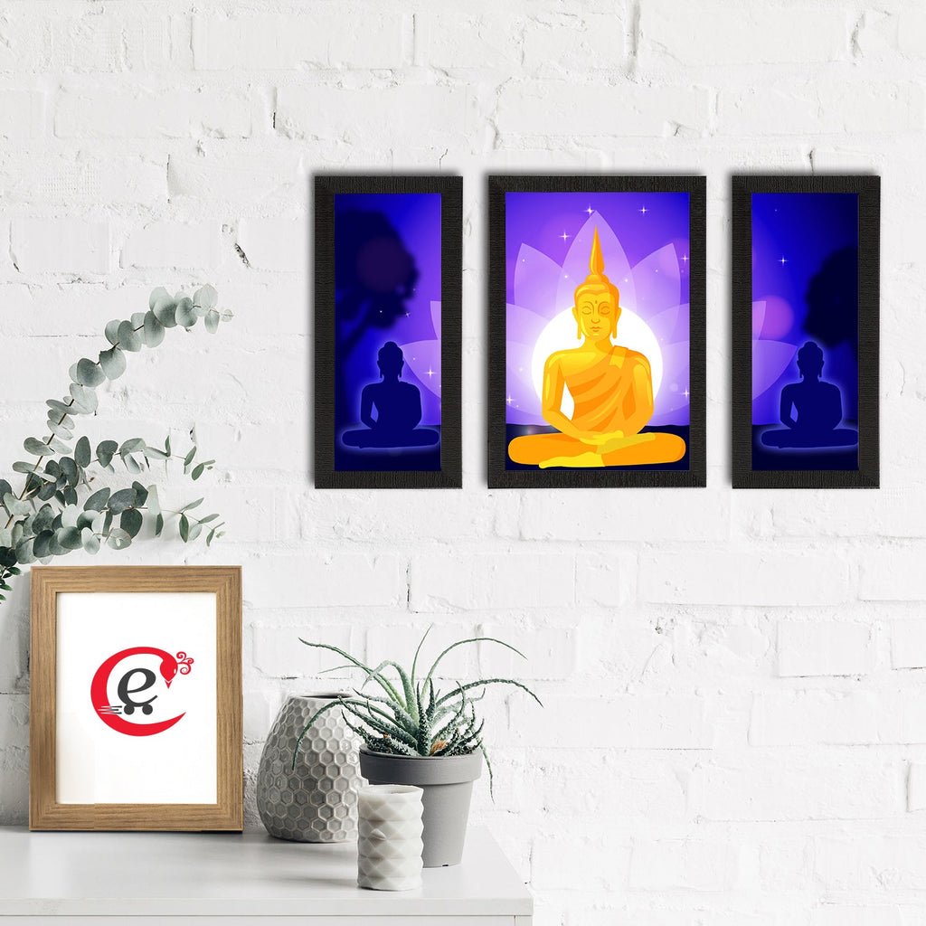 Set of 3 Meditating Lord Buddha Satin Matt Textured UV Art Painting Kafalo