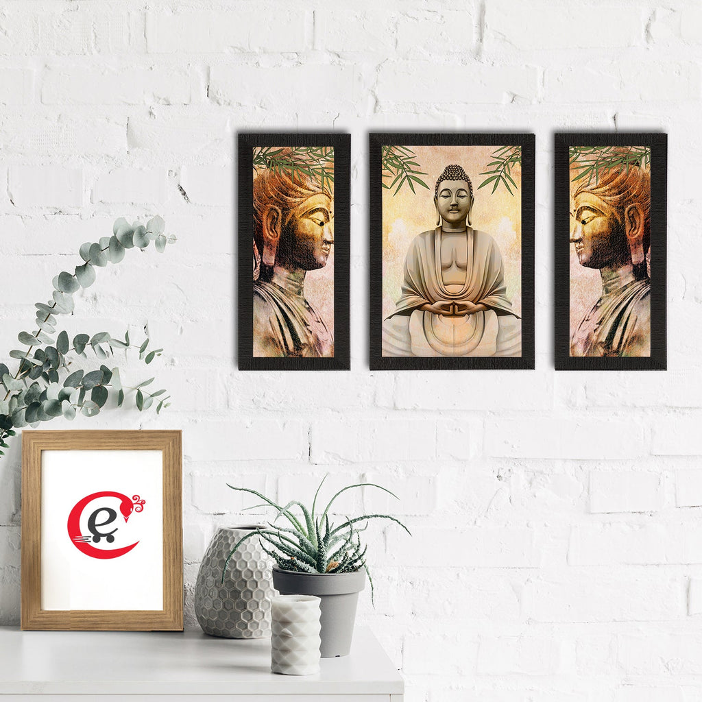 Set of 3 Meditating Lord Buddha Satin Matt Textured UV Art Painting Kafalo