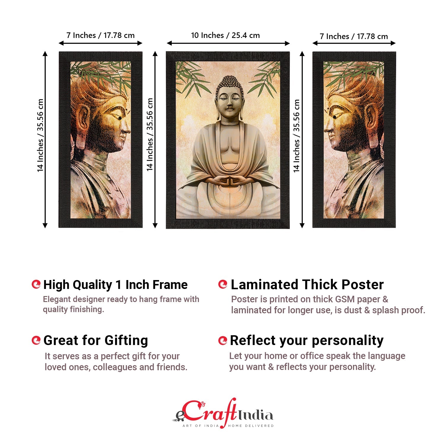 Set of 3 Meditating Lord Buddha Satin Matt Textured UV Art Painting Kafalo