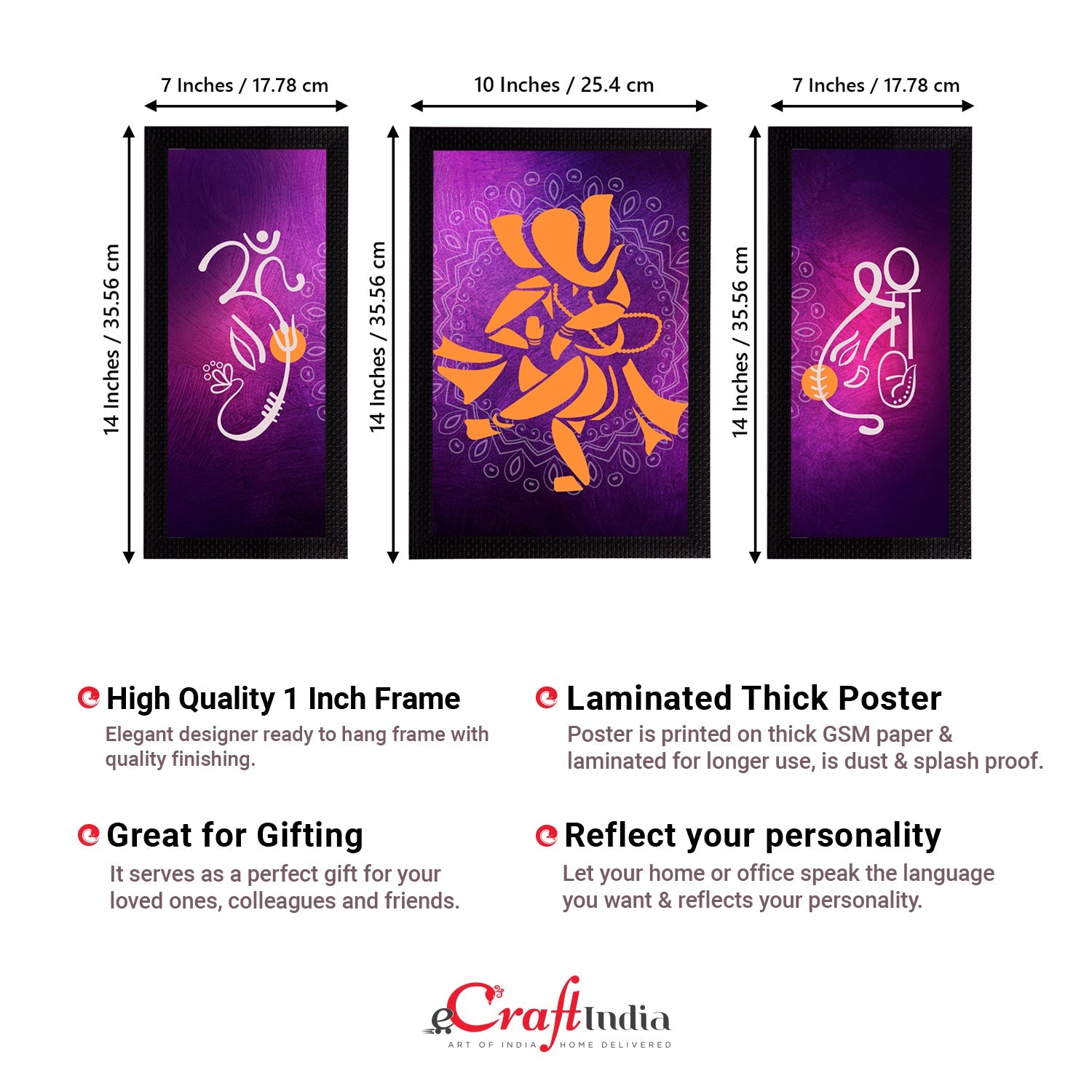 Set of 3 Lord Ganesha Satin Matt Texture UV Art Painting Kafalo