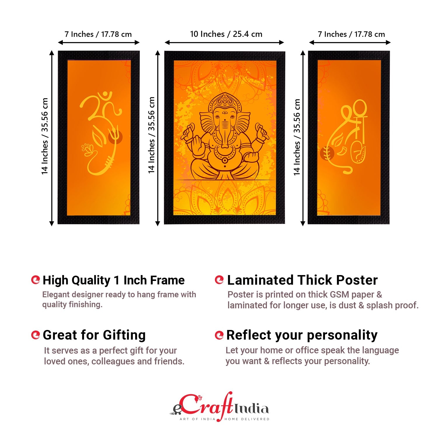 Set of 3 Lord Ganesha Satin Matt Texture UV Art Painting Kafalo