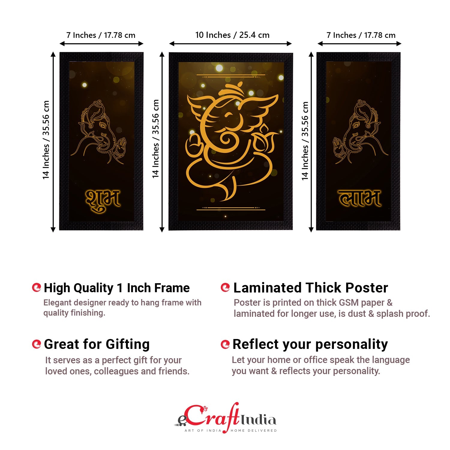 Set of 3 Lord Ganesha Satin Matt Texture UV Art Painting Kafalo