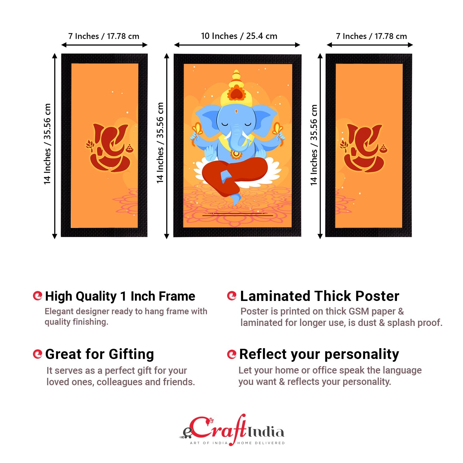 Set of 3 Lord Ganesha Satin Matt Texture UV Art Painting Kafalo