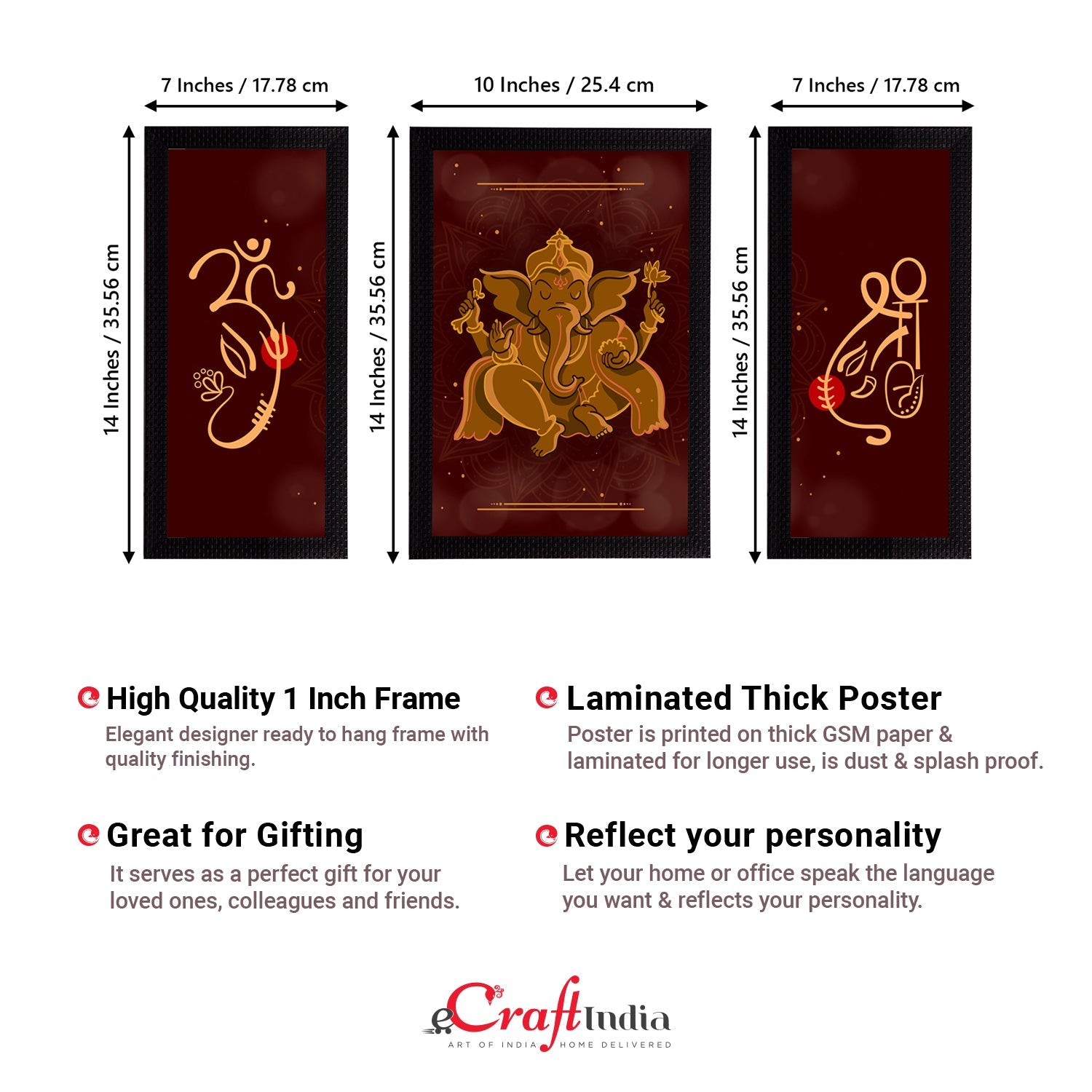 Set of 3 Lord Ganesha Satin Matt Texture UV Art Painting Kafalo