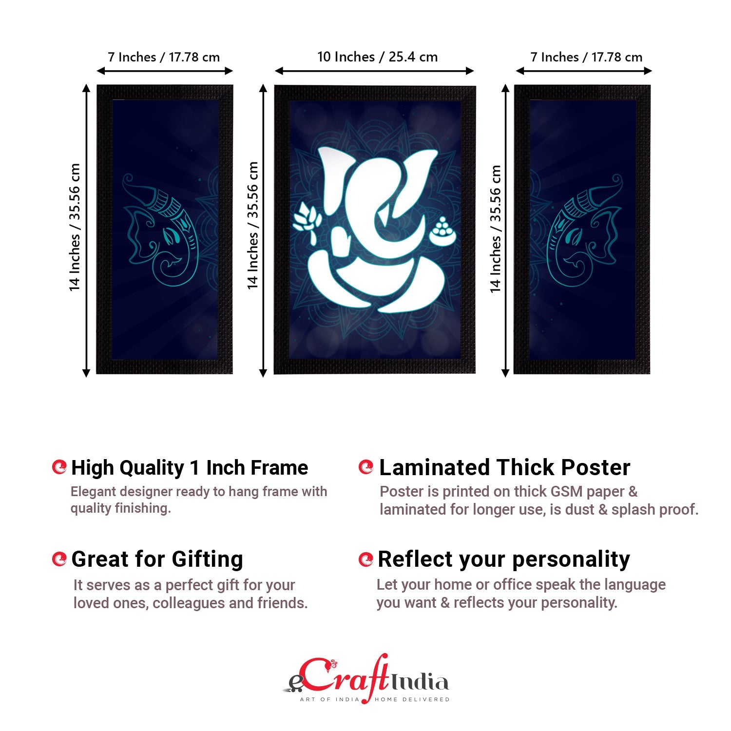 Set of 3 Lord Ganesha Satin Matt Texture UV Art Painting Kafalo