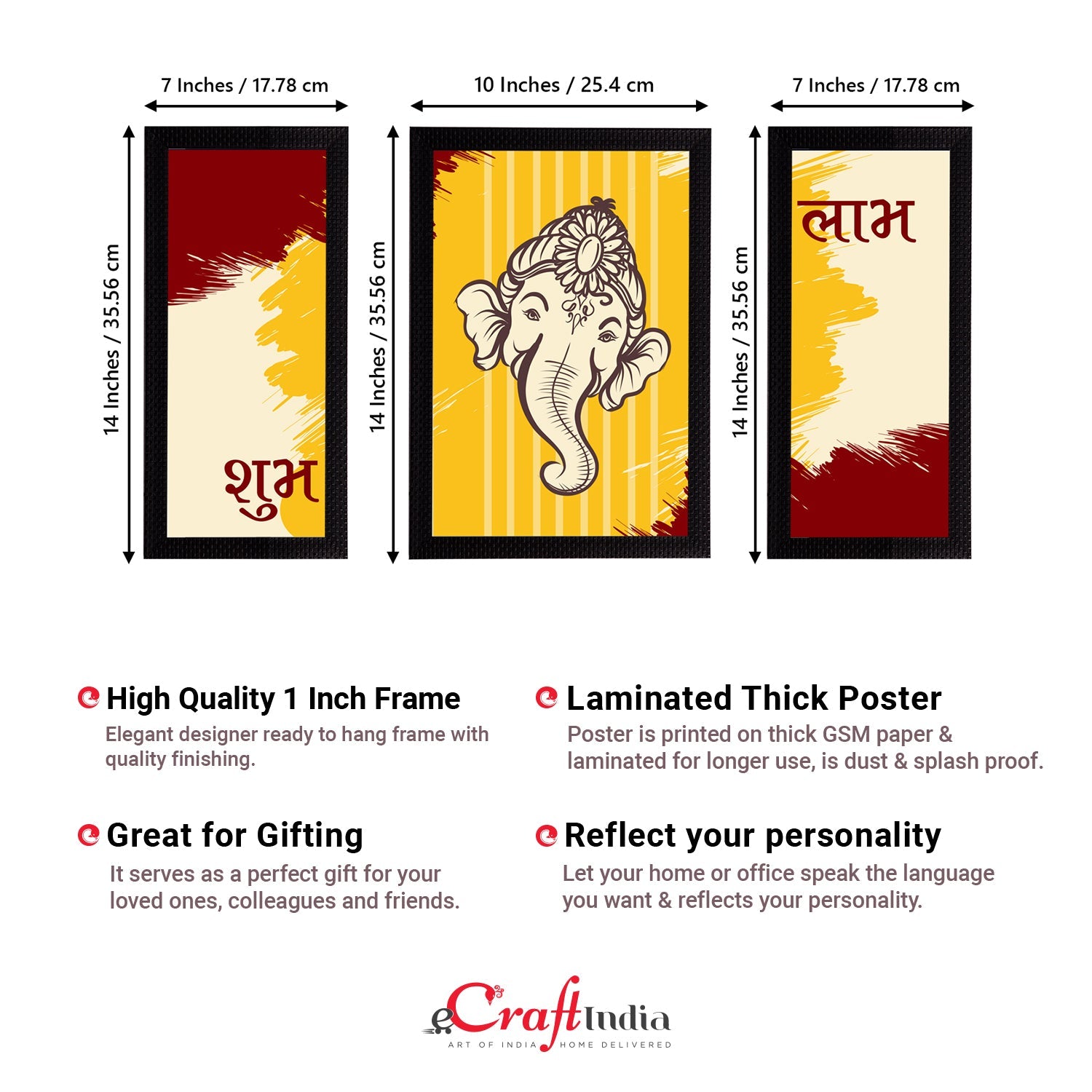 Set of 3 Lord Ganesha Satin Matt Texture UV Art Painting Kafalo