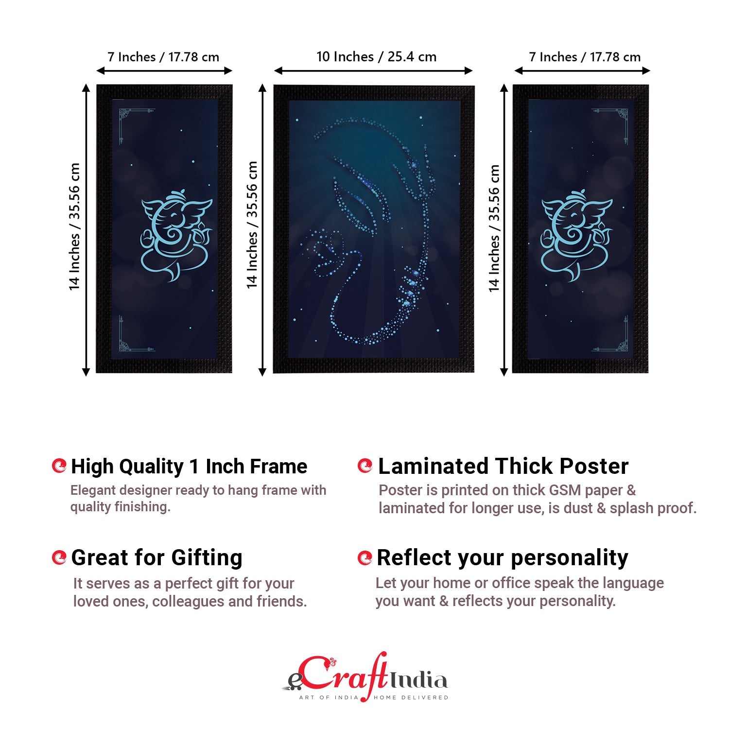 Set of 3 Lord Ganesha Satin Matt Texture UV Art Painting Kafalo