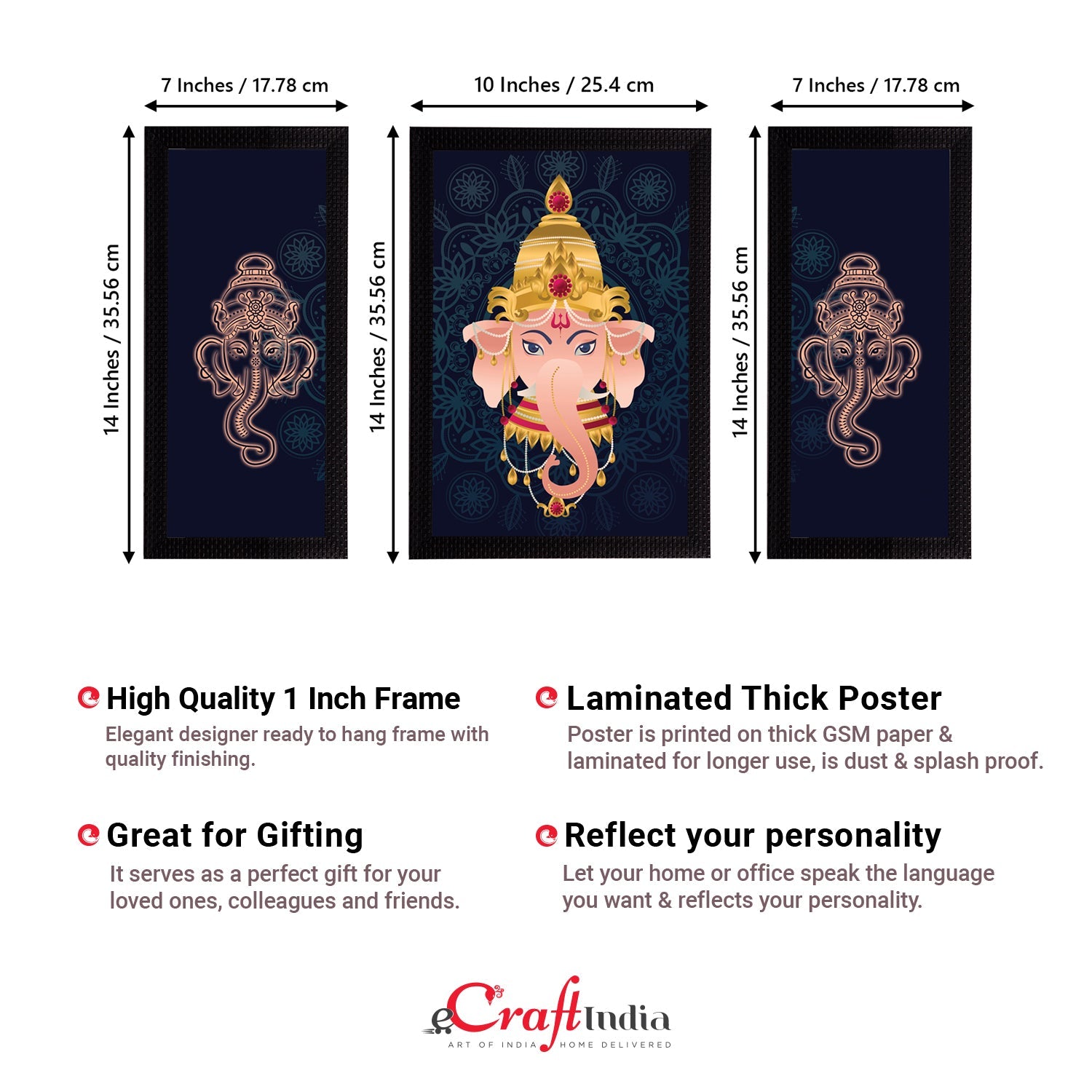 Set of 3 Lord Ganesha Satin Matt Texture UV Art Painting Kafalo