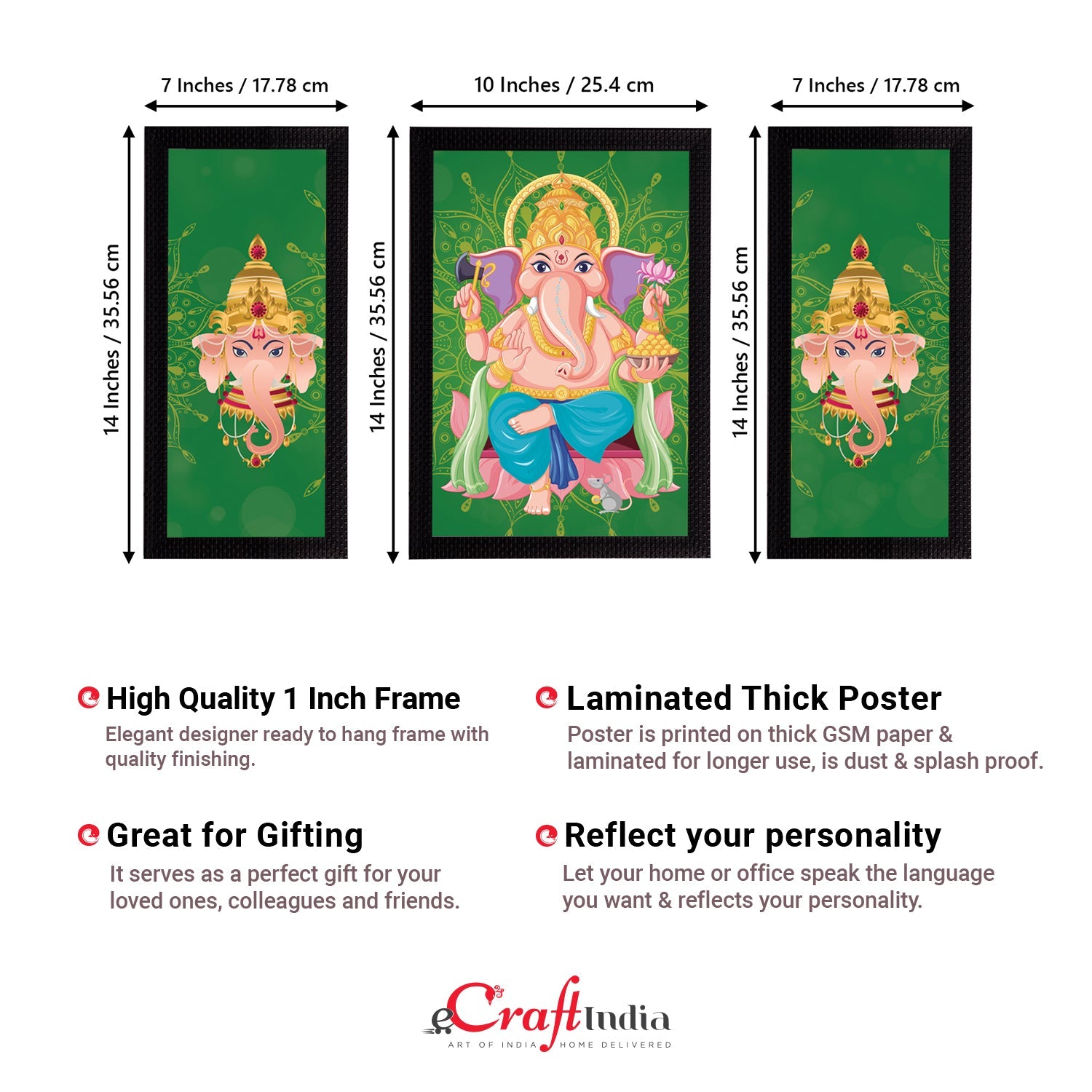 Set of 3 Lord Ganesha Satin Matt Texture UV Art Painting Kafalo