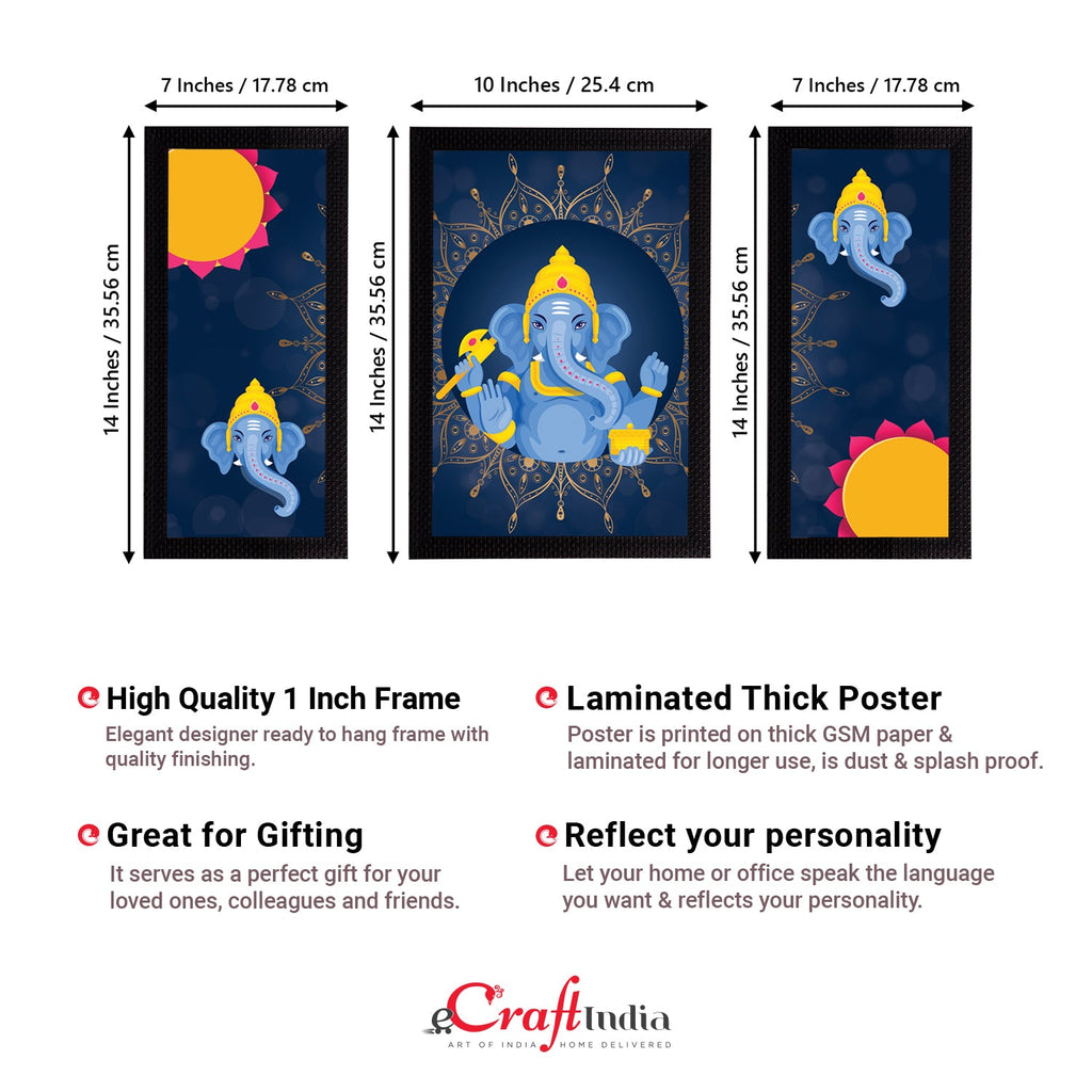 Set of 3 Lord Ganesha Satin Matt Texture UV Art Painting Kafalo