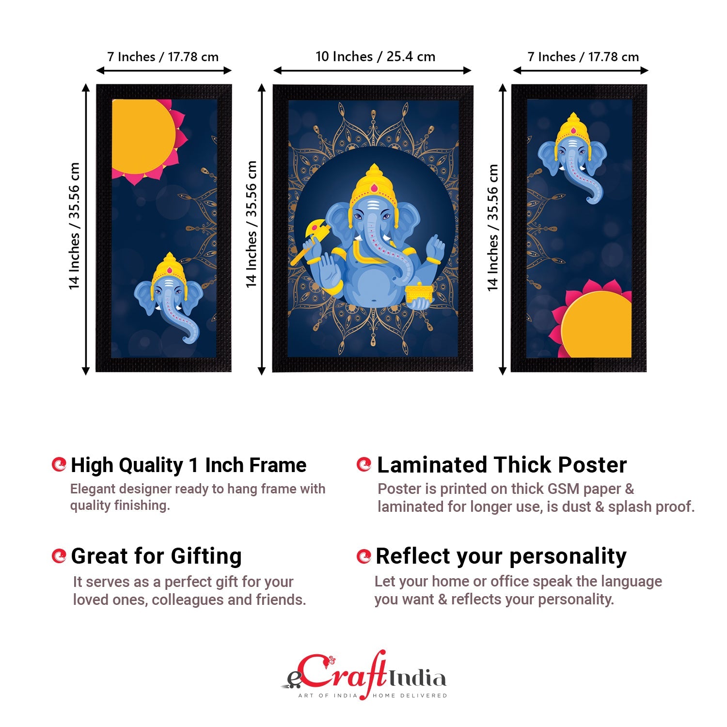Set of 3 Lord Ganesha Satin Matt Texture UV Art Painting Kafalo