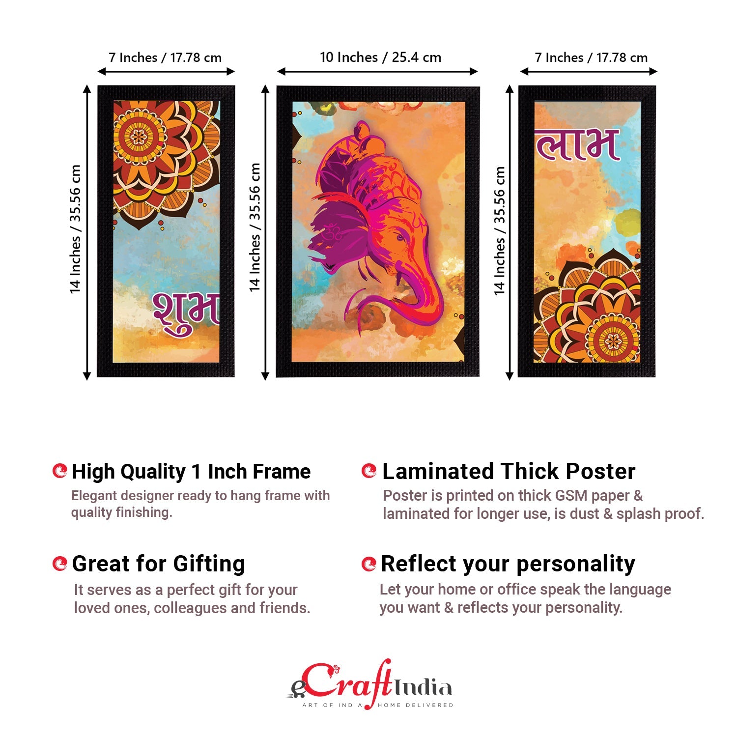 Set of 3 Lord Ganesha Satin Matt Texture UV Art Painting Kafalo