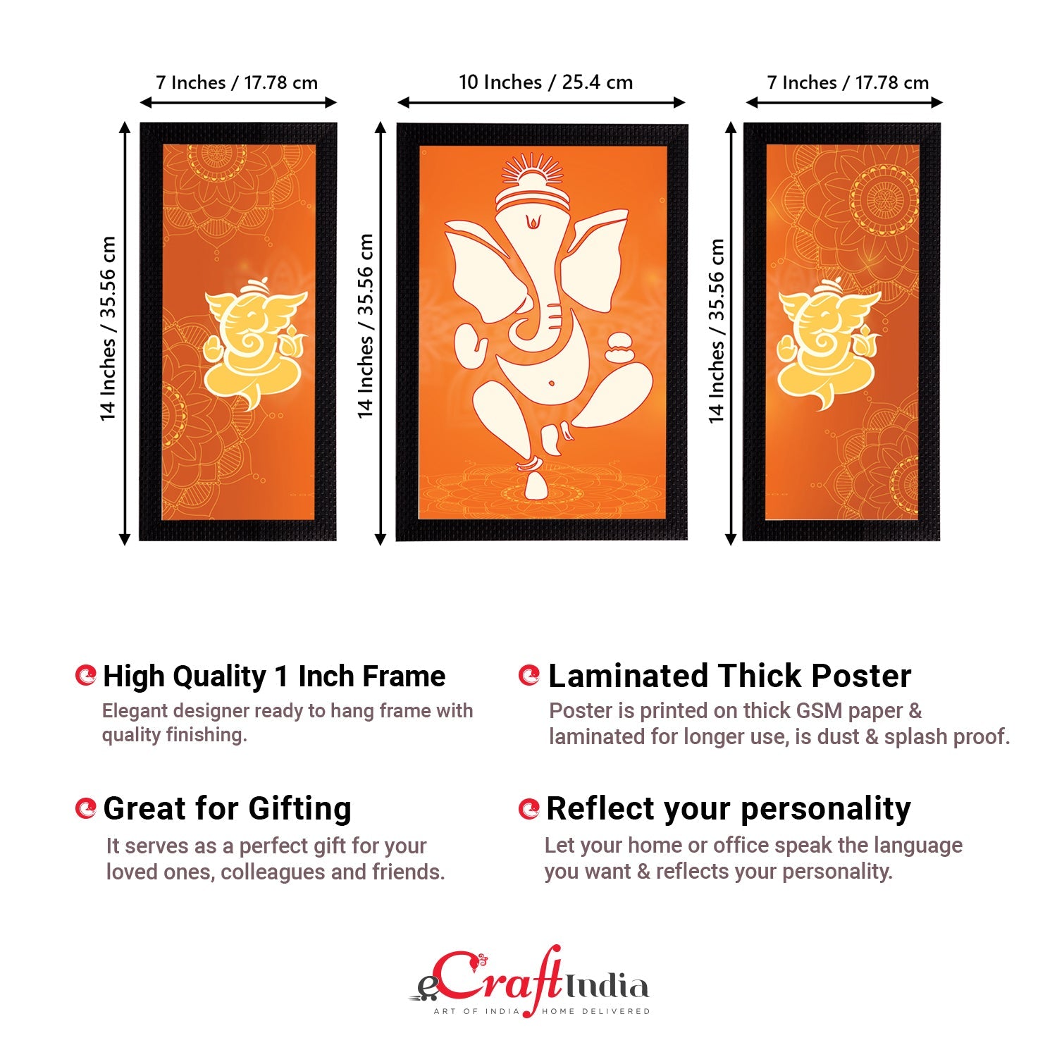 Set of 3 Lord Ganesha Satin Matt Texture UV Art Painting Kafalo