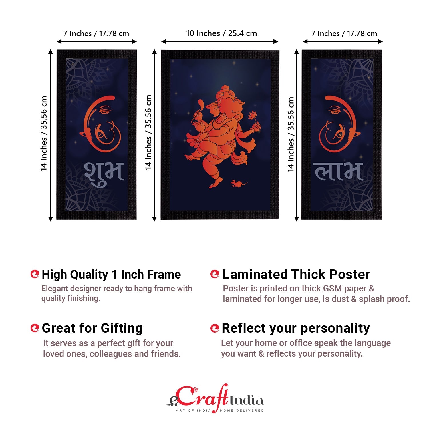 Set of 3 Lord Ganesha Satin Matt Texture UV Art Painting Kafalo