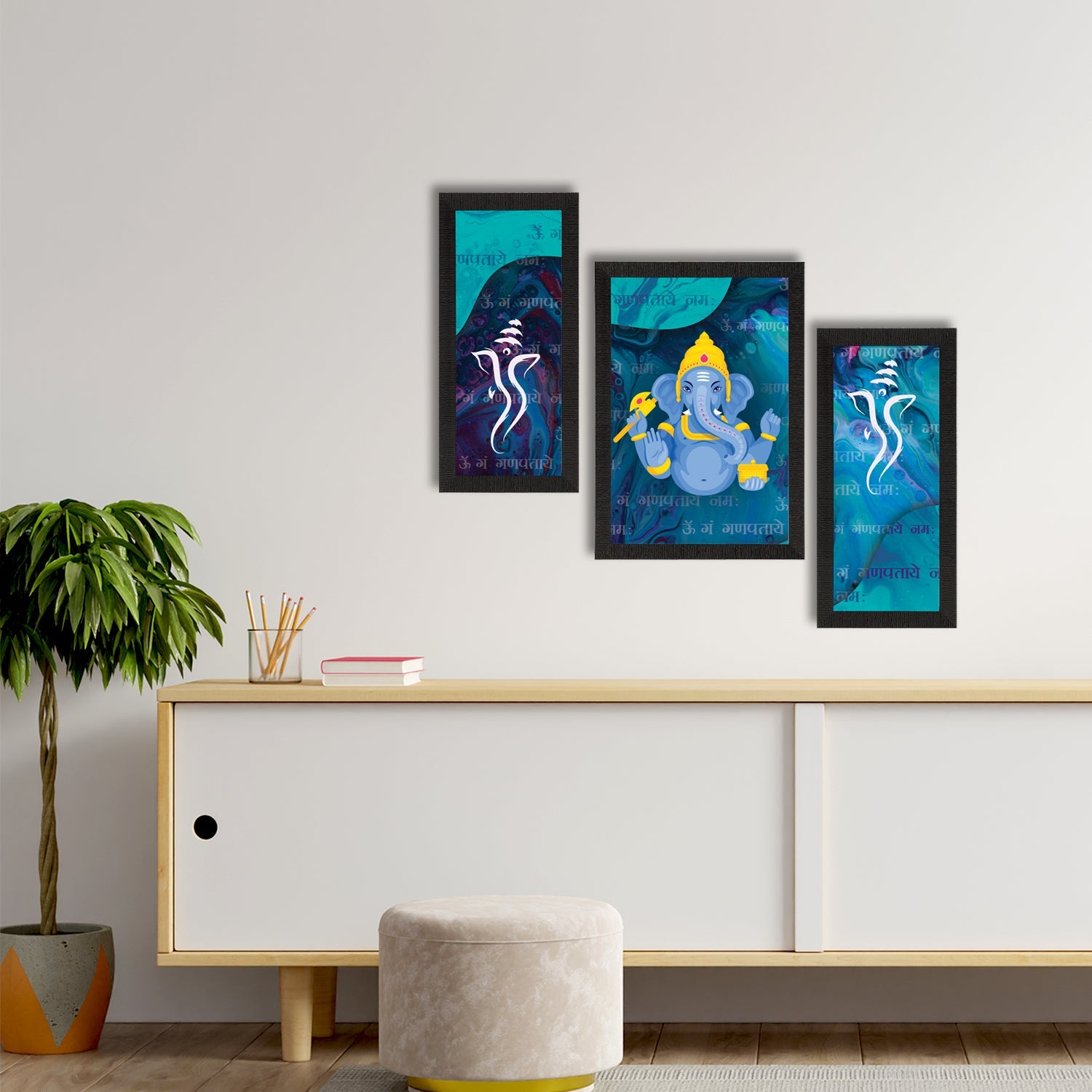Set of 3 Lord Ganesha Satin Matt Texture UV Art Painting Kafalo