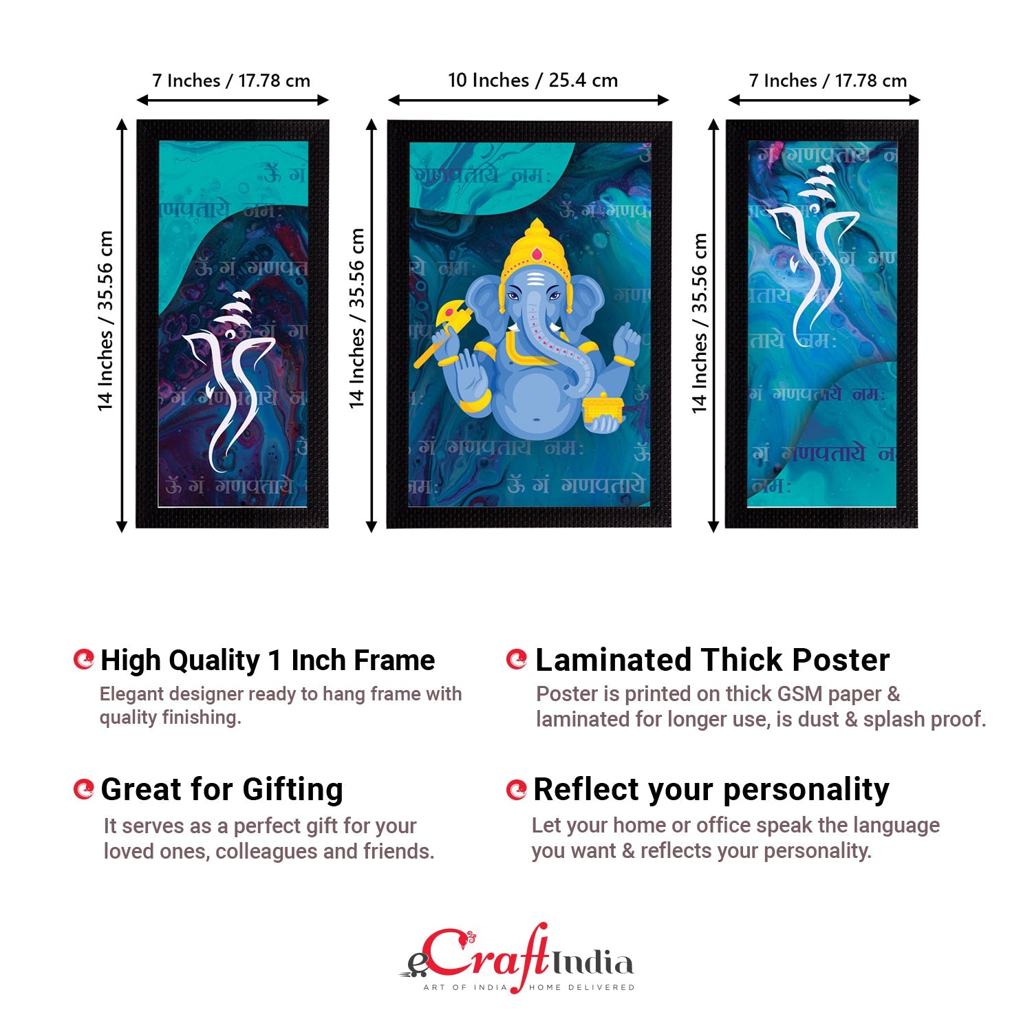 Set of 3 Lord Ganesha Satin Matt Texture UV Art Painting Kafalo