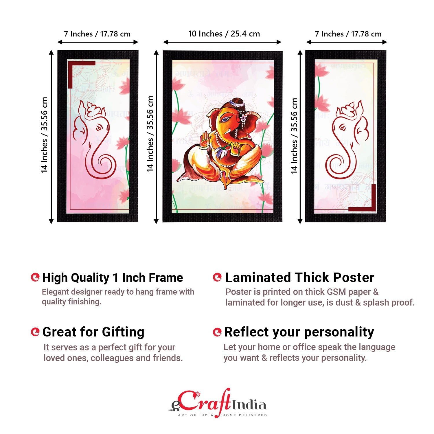 Set of 3 Lord Ganesha Satin Matt Texture UV Art Painting Kafalo