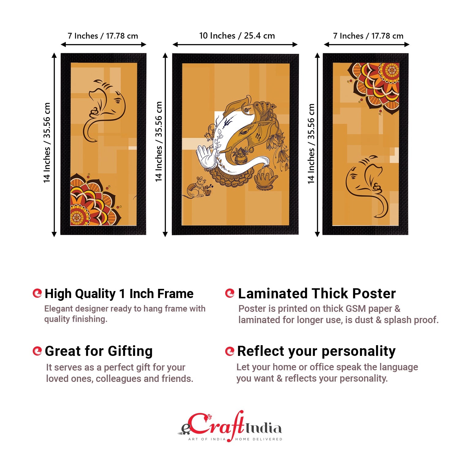 Set of 3 Lord Ganesha Satin Matt Texture UV Art Painting Kafalo