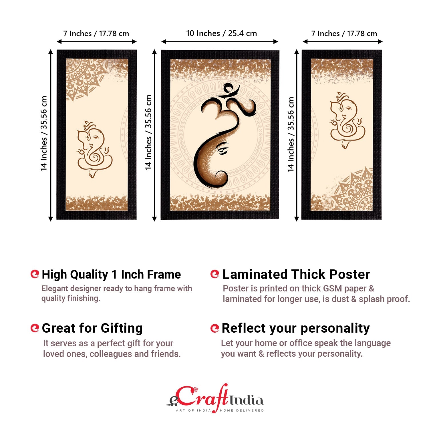 Set of 3 Lord Ganesha Satin Matt Texture UV Art Painting Kafalo