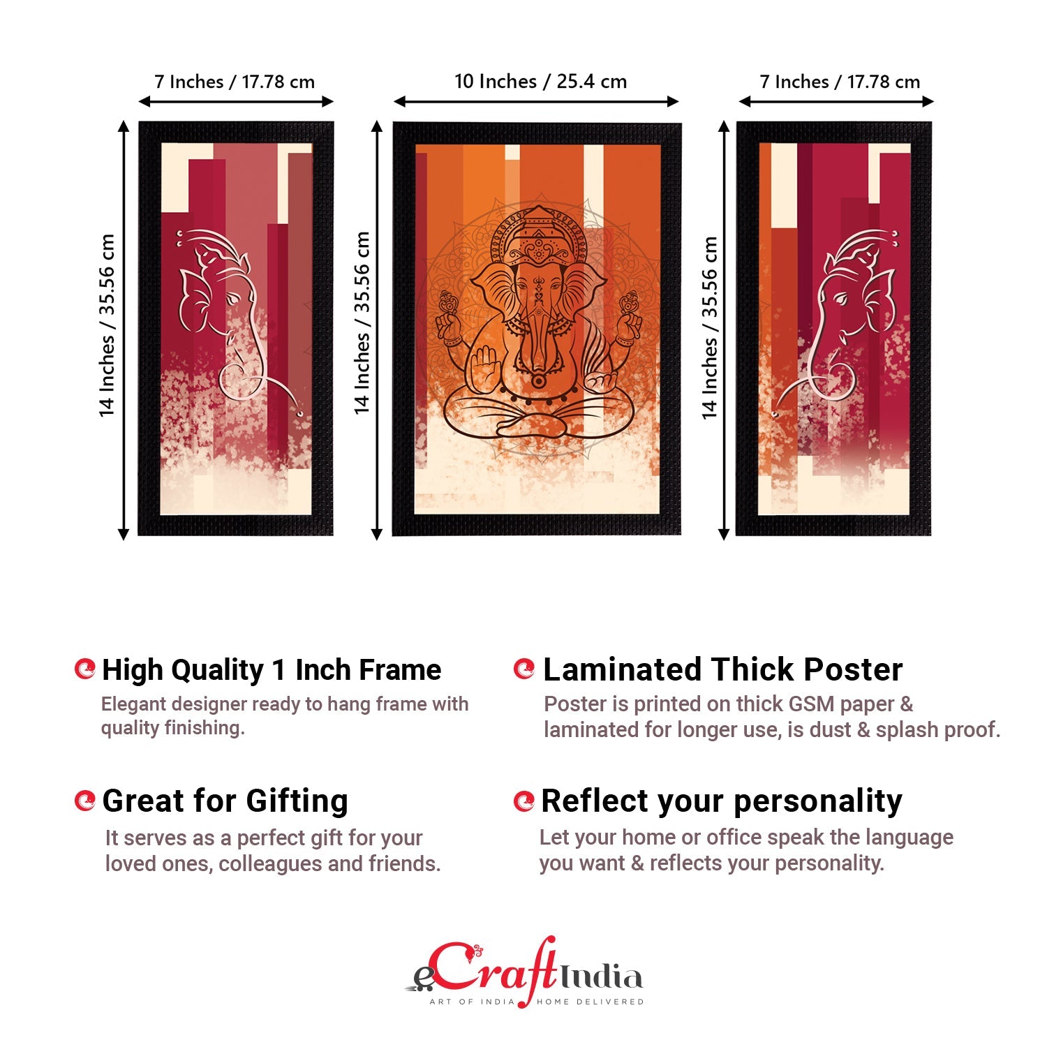 Set of 3 Lord Ganesha Satin Matt Texture UV Art Painting Kafalo