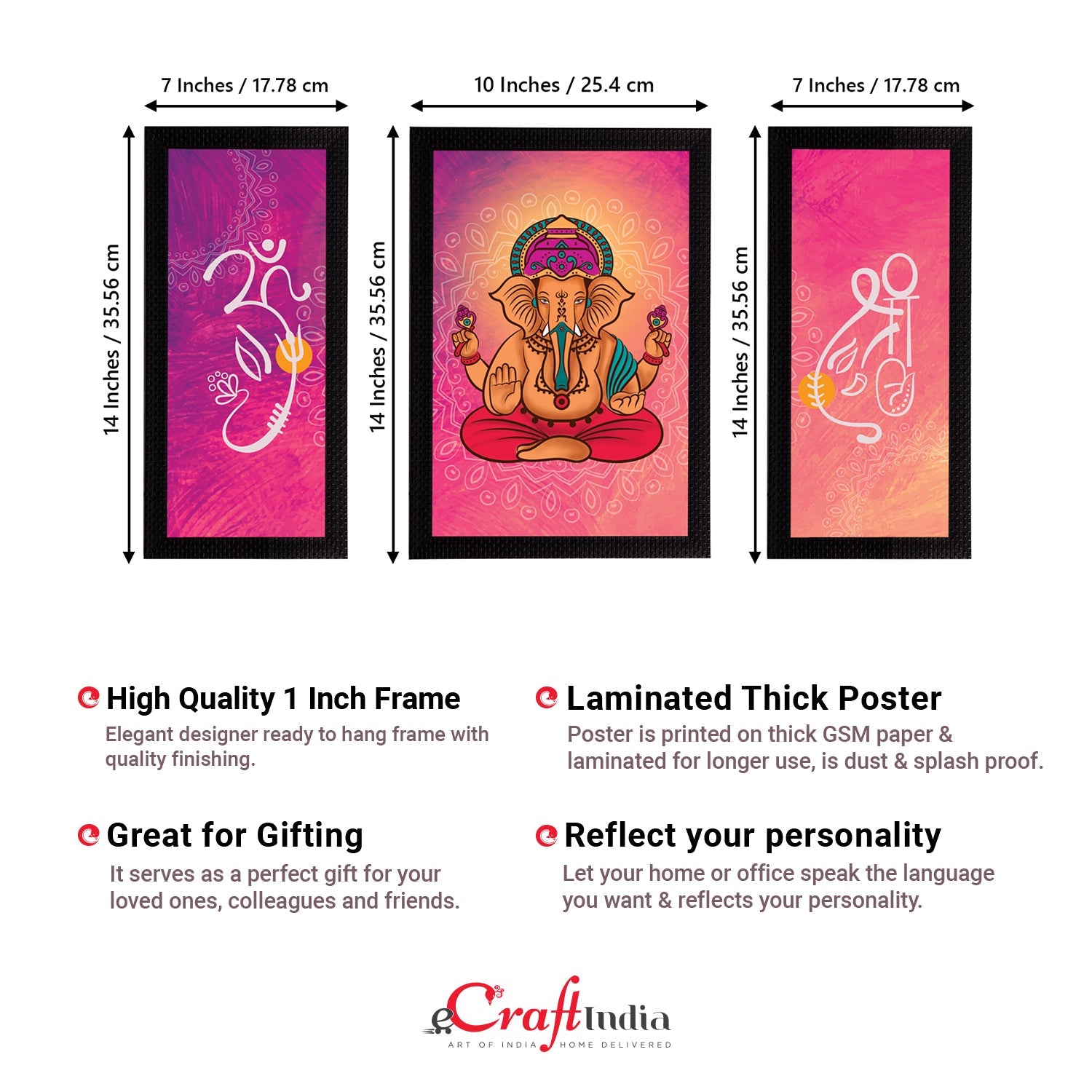 Set of 3 Lord Ganesha Satin Matt Texture UV Art Painting Kafalo